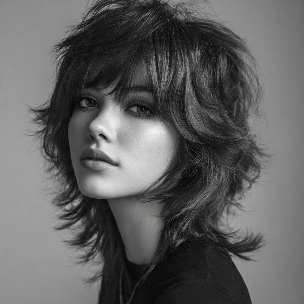 wolf cut hairstyle on a girl with face framing lay