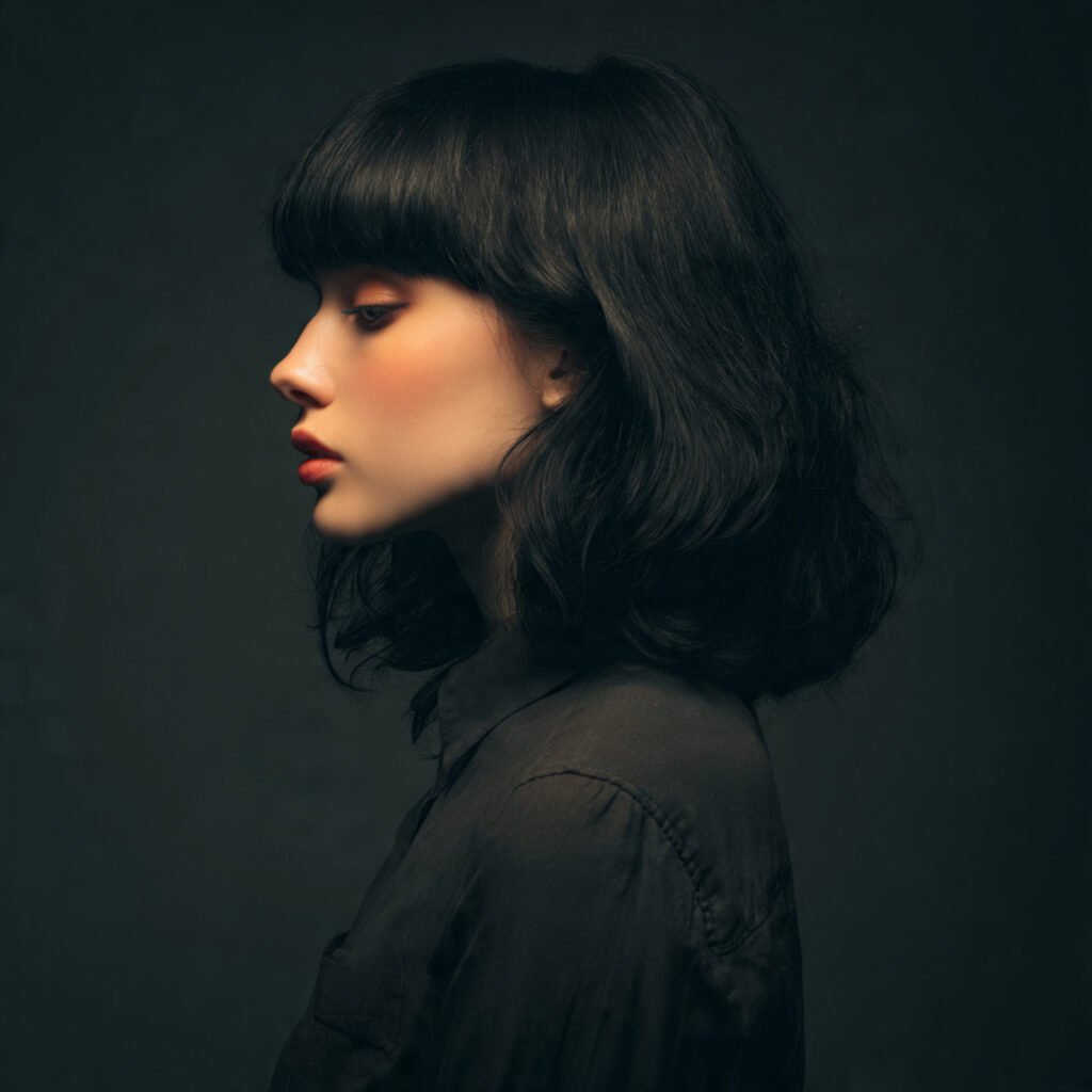 wolf cut hairstyle with blunt bangs single portrai