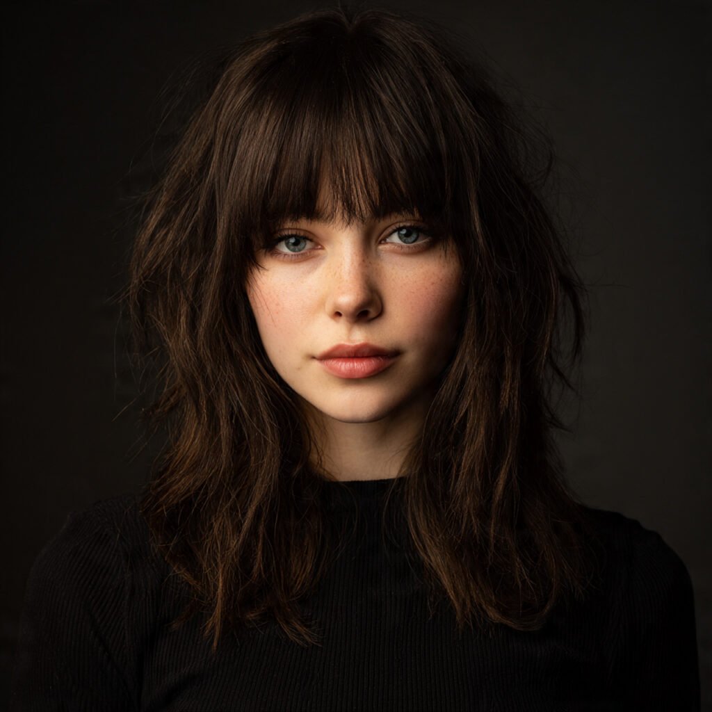 wolf cut hairstyle with face framing bangs modern