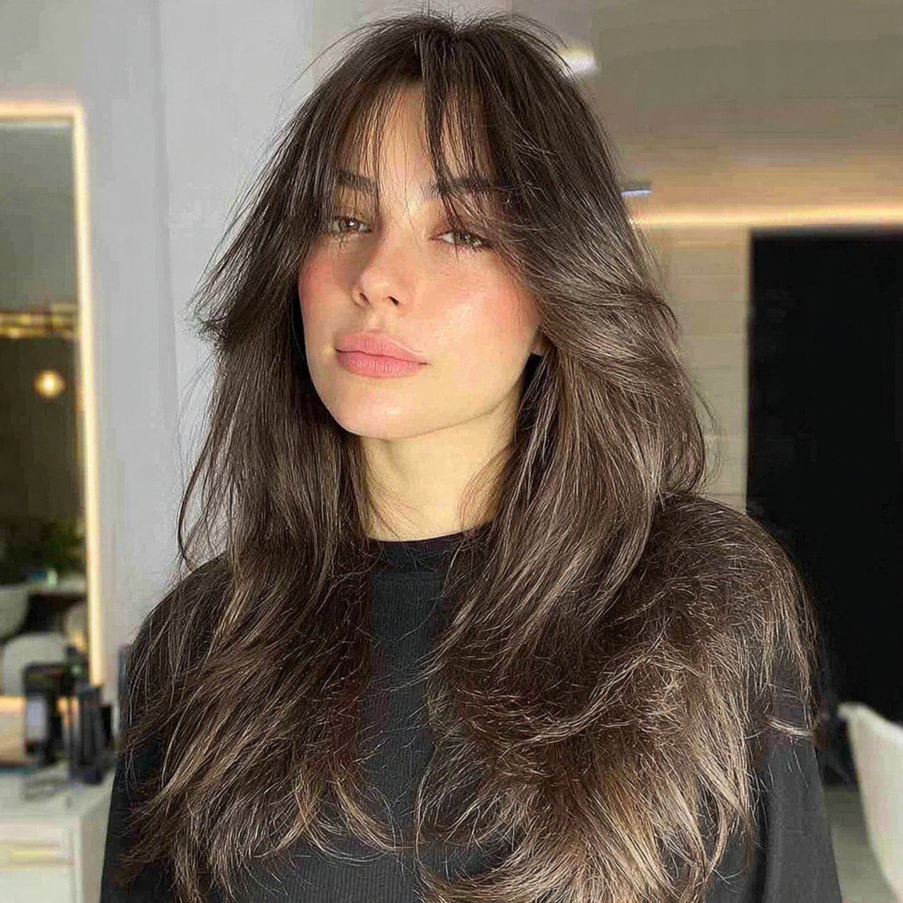 wolf cut long hair with curtain bangs square forma