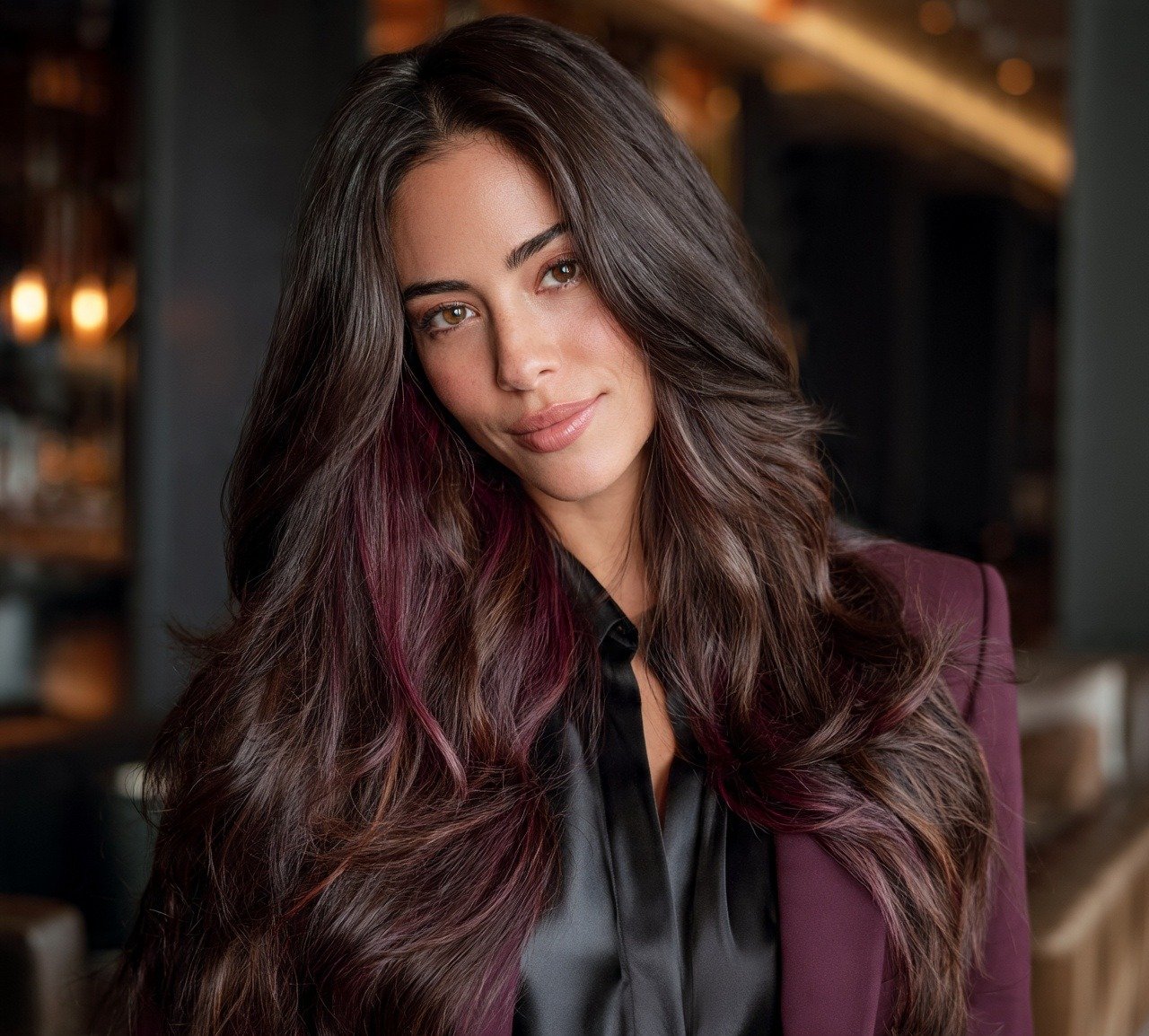 10. Dark Brown with Burgundy Peekaboo Pieces Hair Color