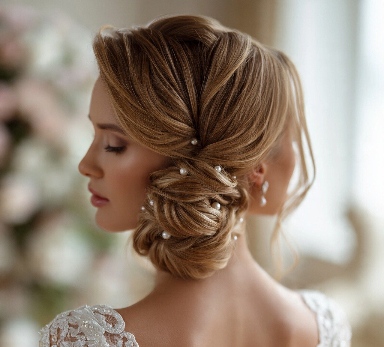 10. Pearl Pinned Twisted Updo Wedding Hairstyles