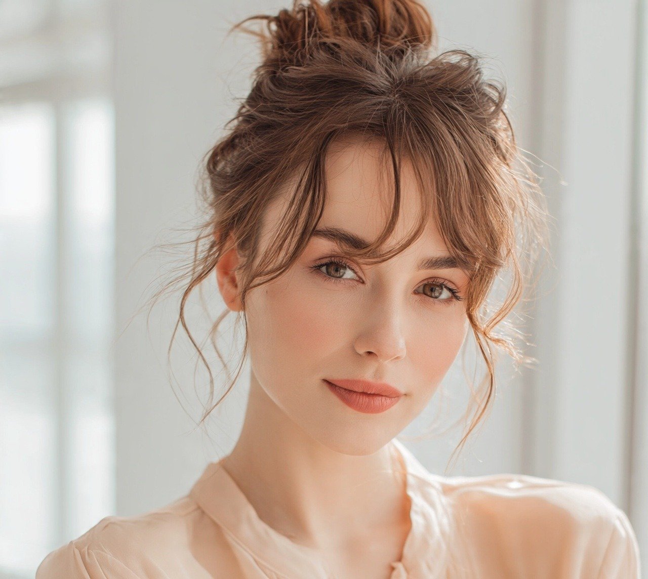10. Textured Bun With Curtain Bangs Easy Hairstyles