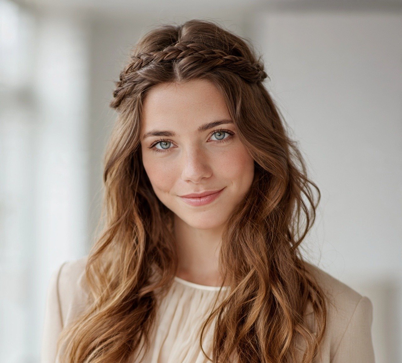 11. Braided Crown With Flowing Waves Thick Hairstyles