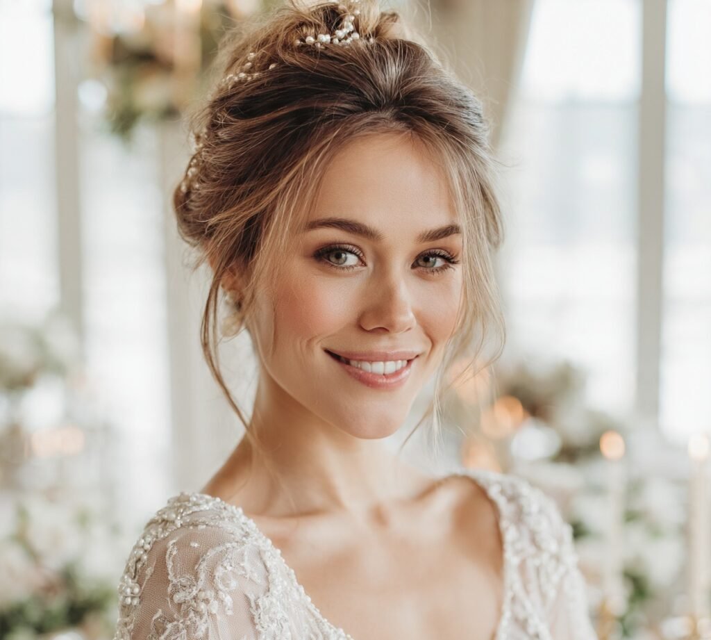 Bun Hairstyles For Wedding: 13 Trendy Ideas to Inspire Your Big Day 12 11. Loose Low Bun with Pearls Hairstyles For Wedding