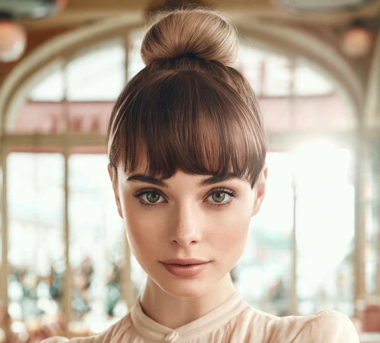11. Sleek Bun with Curtain Bangs Hairstyles