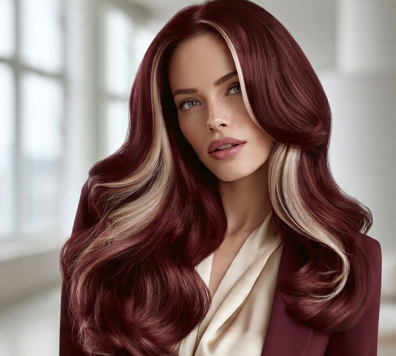 12. Burgundy with Blonde Pieces Hair Color