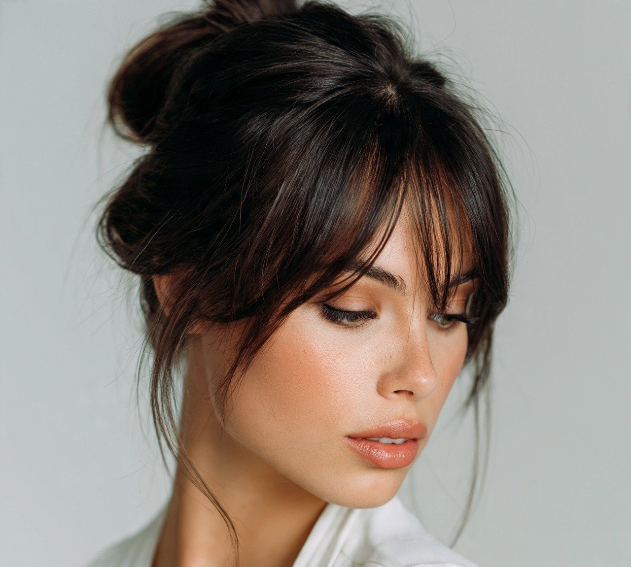 12. Low Bun with Curtain Bangs Hairstyles
