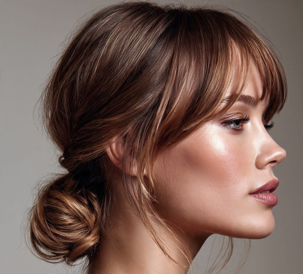 12. Low Twisted Bun with Bangs Updo Hairstyle