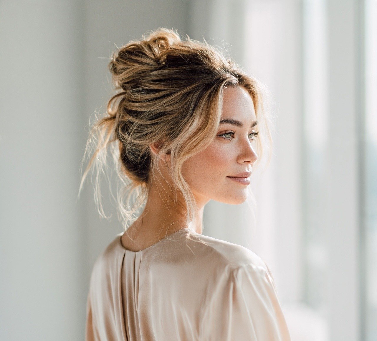 12. Messy Bun With Blonde Highlights Hairstyles