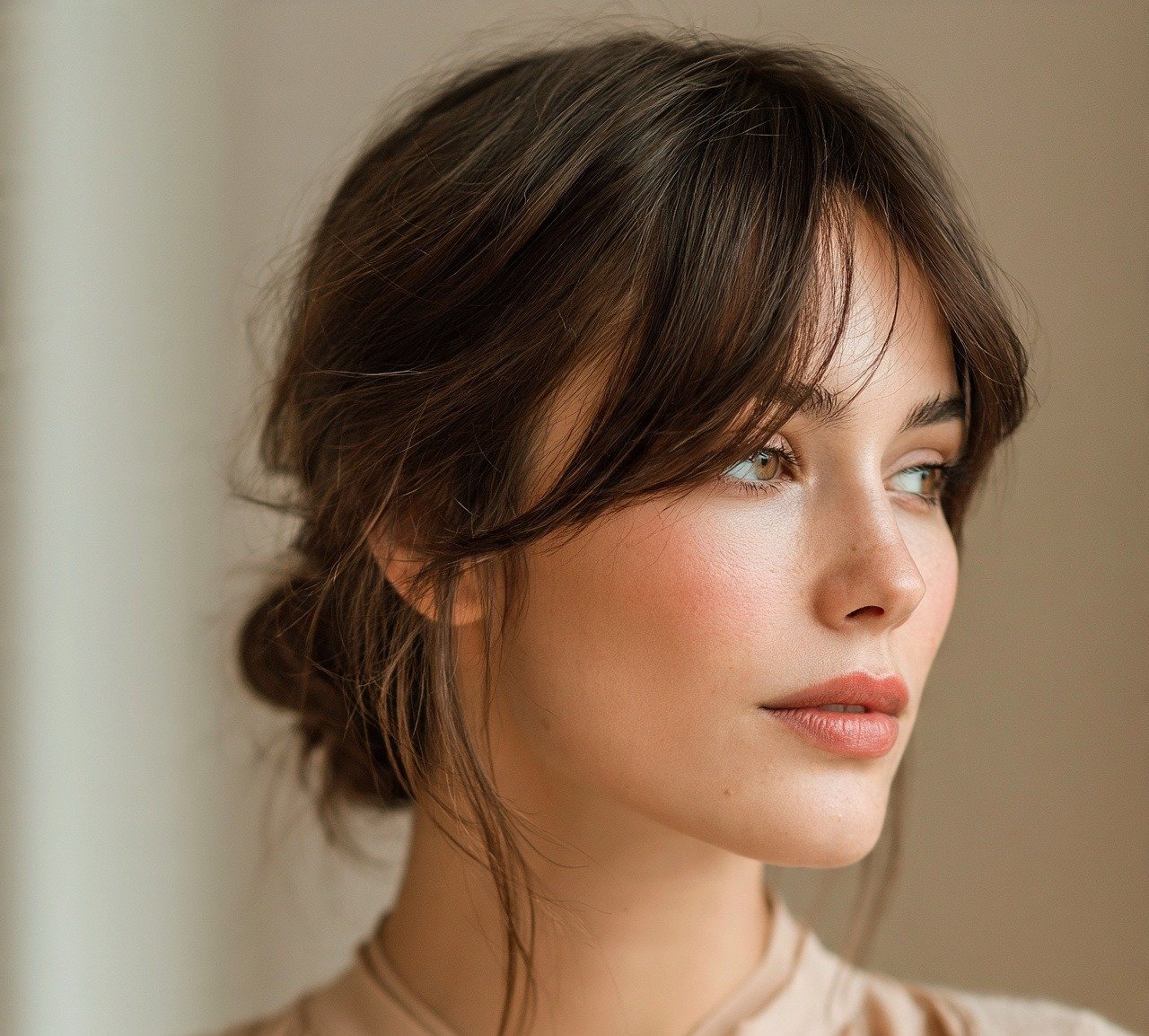 15 Trendy Messy Low Bun Hairstyles That Look Effortlessly Stylish 13 12. Messy Low Bun With Curtain Bangs Hairstyles