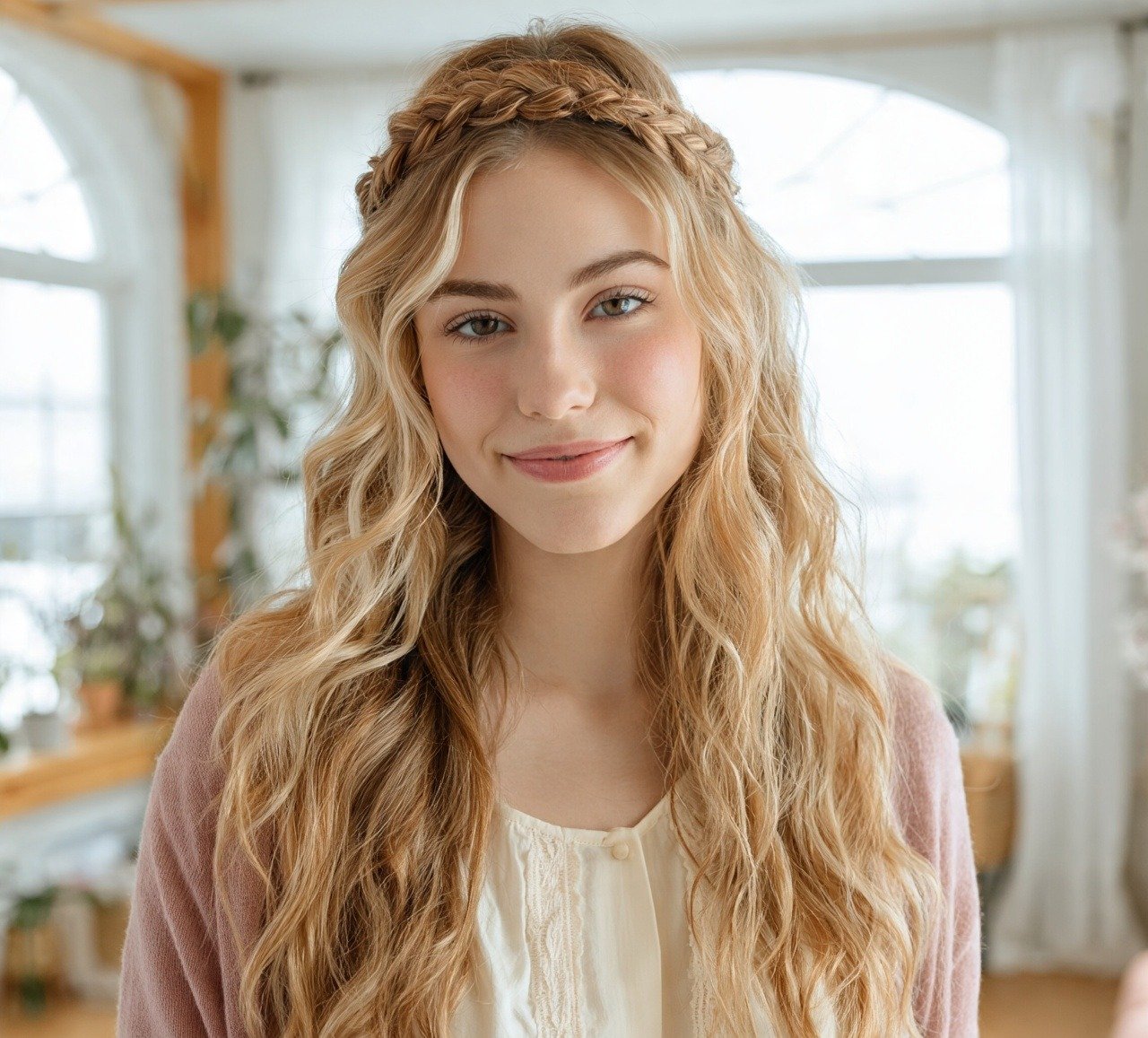 12. Wavy Hair with Braided Crown Hairstyles