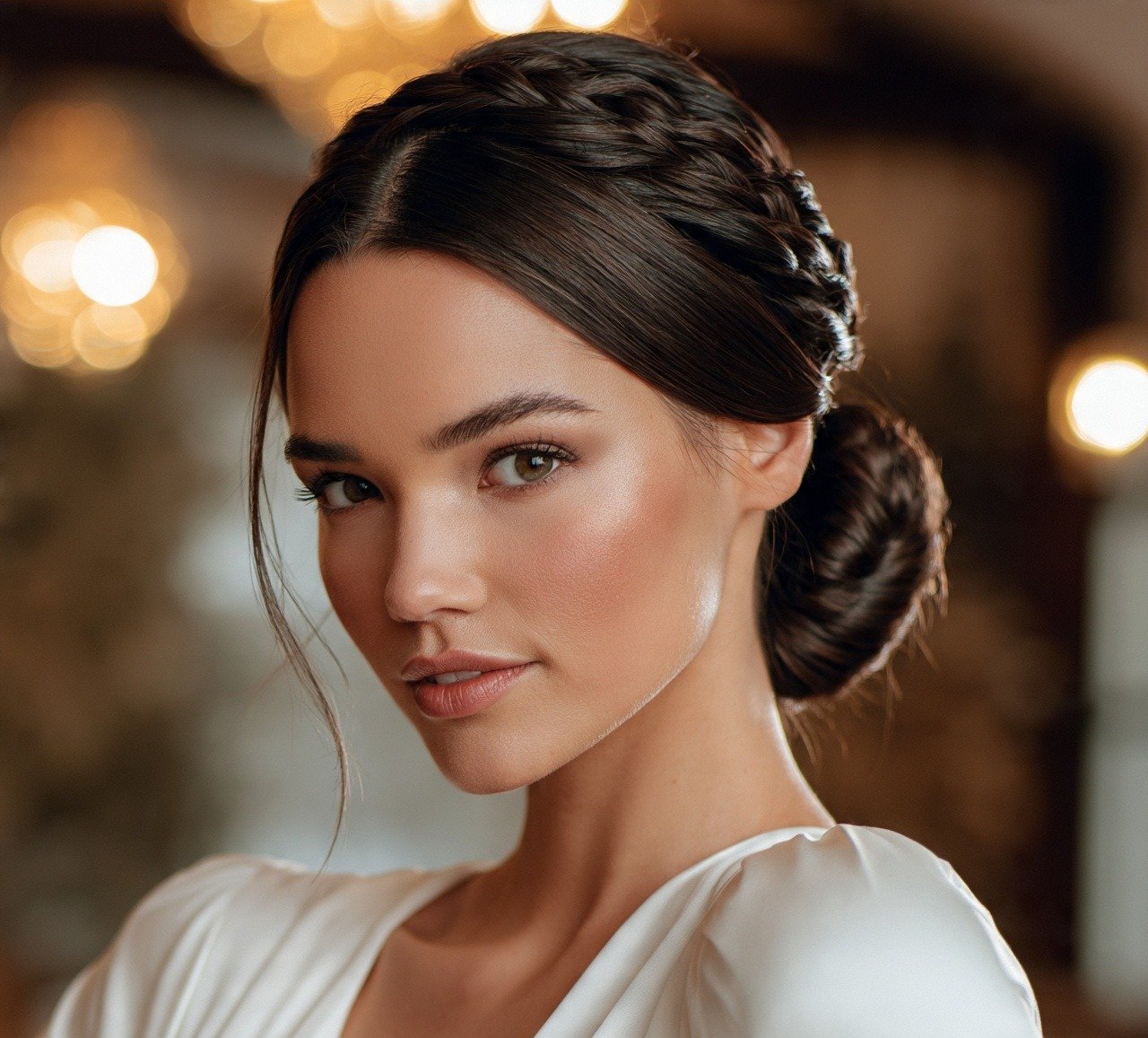 13. Sleek Braided Bun Updo Hairstyles For Wedding