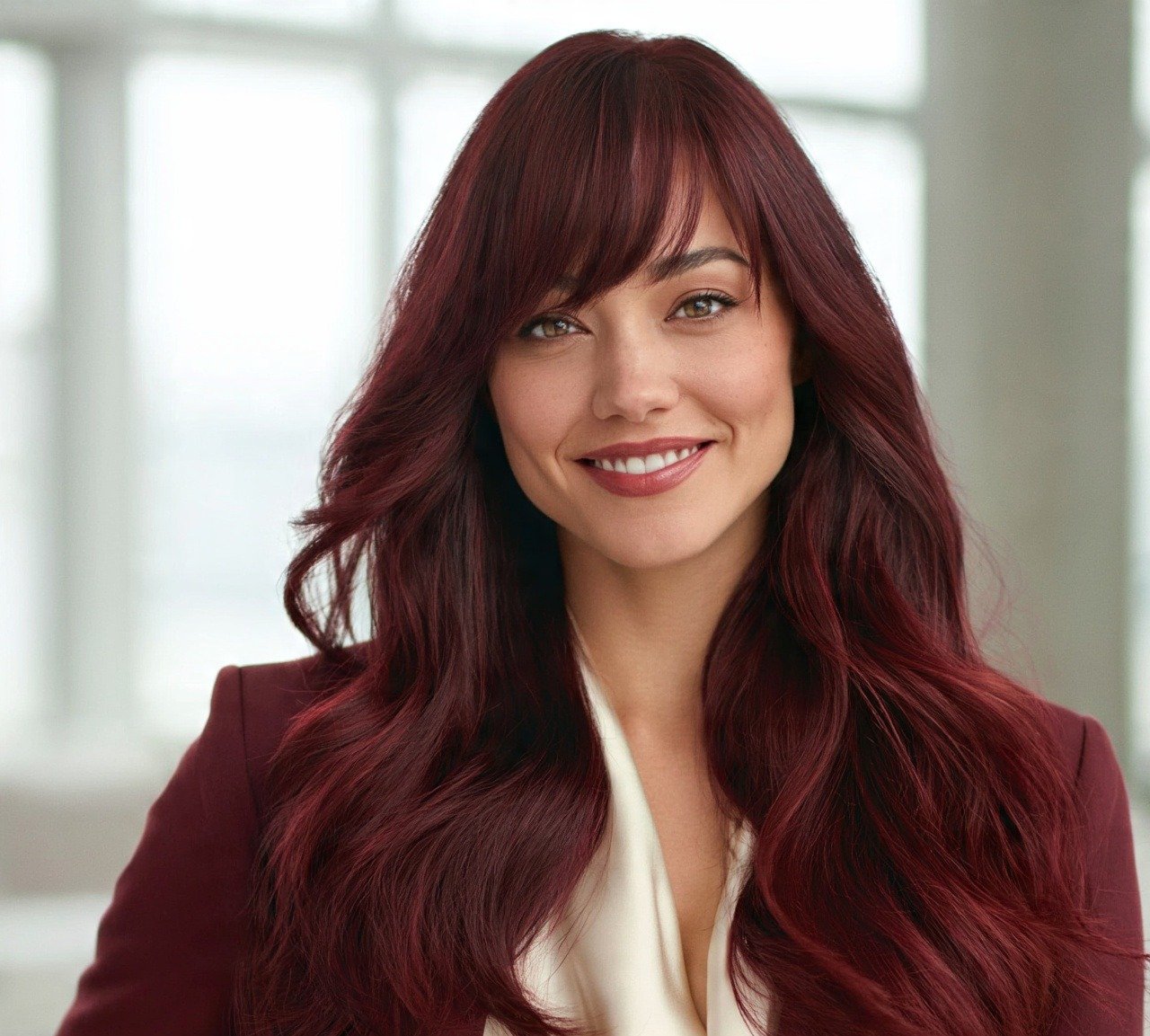 14. Burgundy Curtain Bang Moment Hair Color