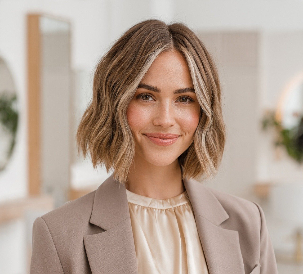 14. Wavy Bob with Money Piece Highlights Short Hairstyles