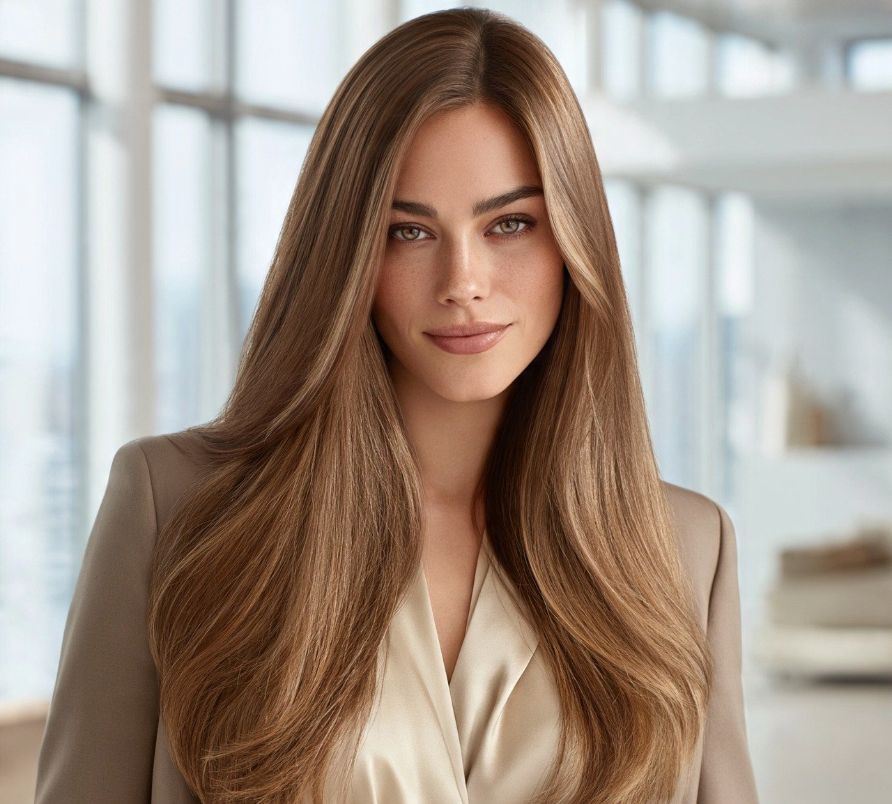 15. Glossy Light Brown for Glass Hair Effect Hair Color