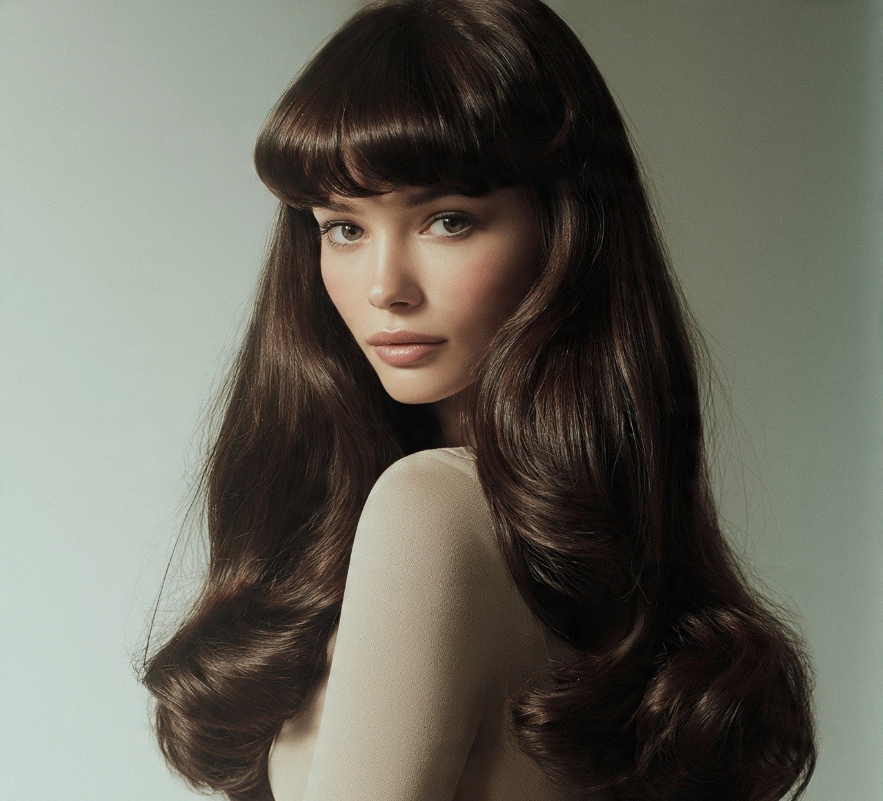 16. Long Hair With Retro Style Rolled Bangs Hairstyle
