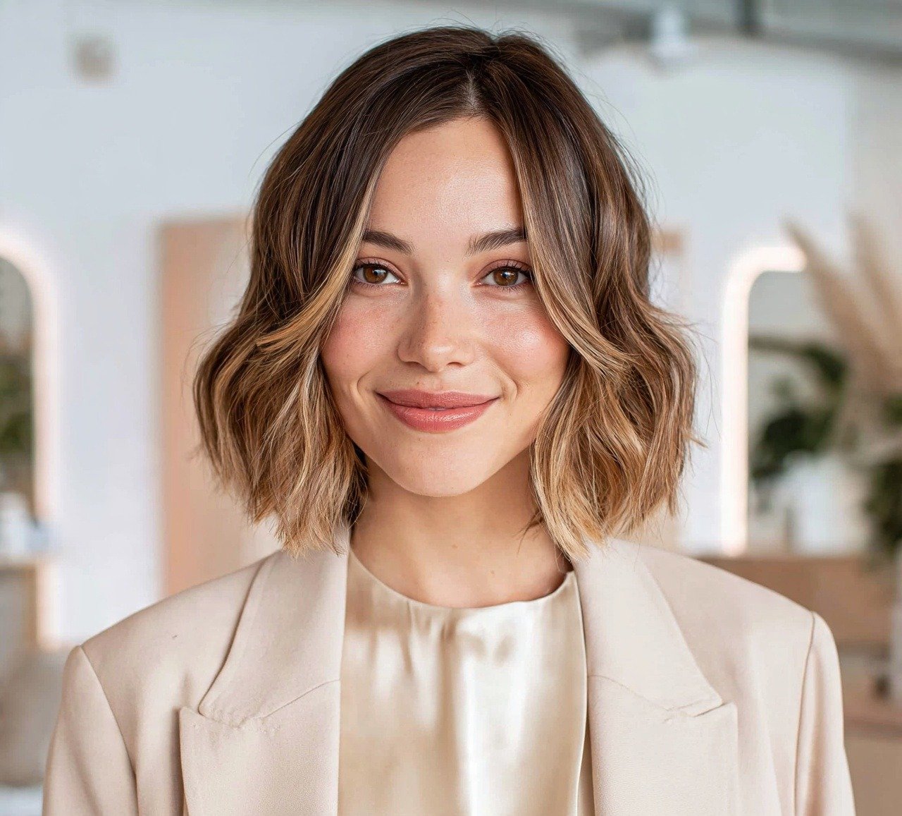 16. Wavy Bob with Curtain Bangs and Balayage Short Hairstyles