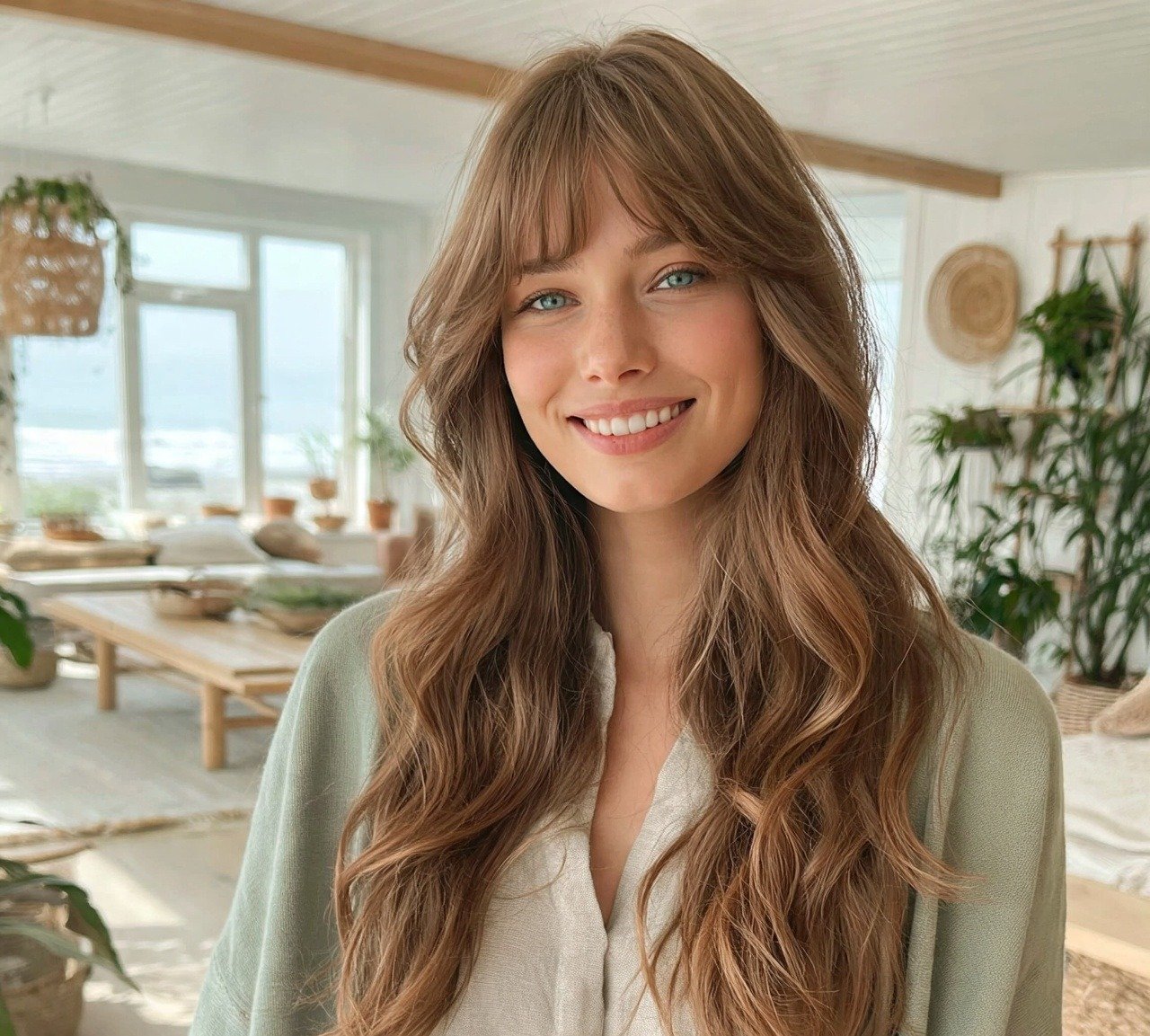 2. Beachy Curtain Bangs With Waves Hairstyles 2