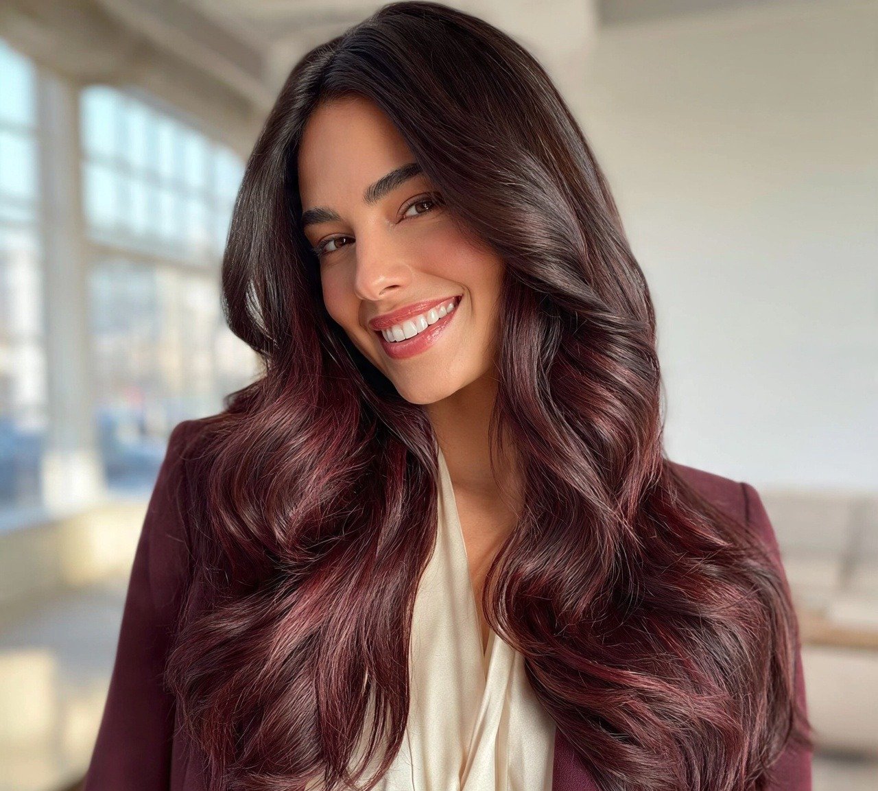 2. Burgundy Balayage on Dark Hair Color