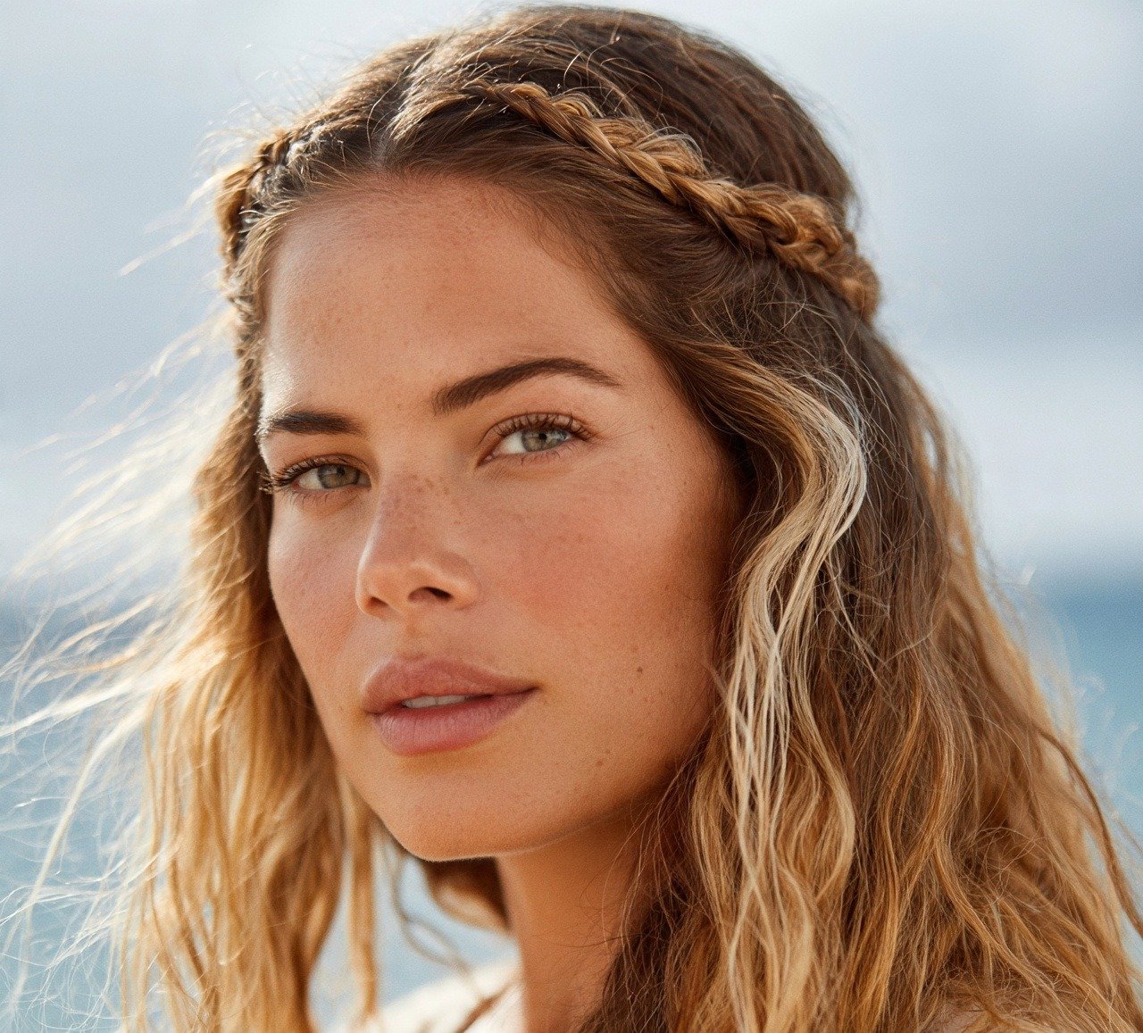2. Half Up Braided Crown Beach Hairstyle for Long Hair