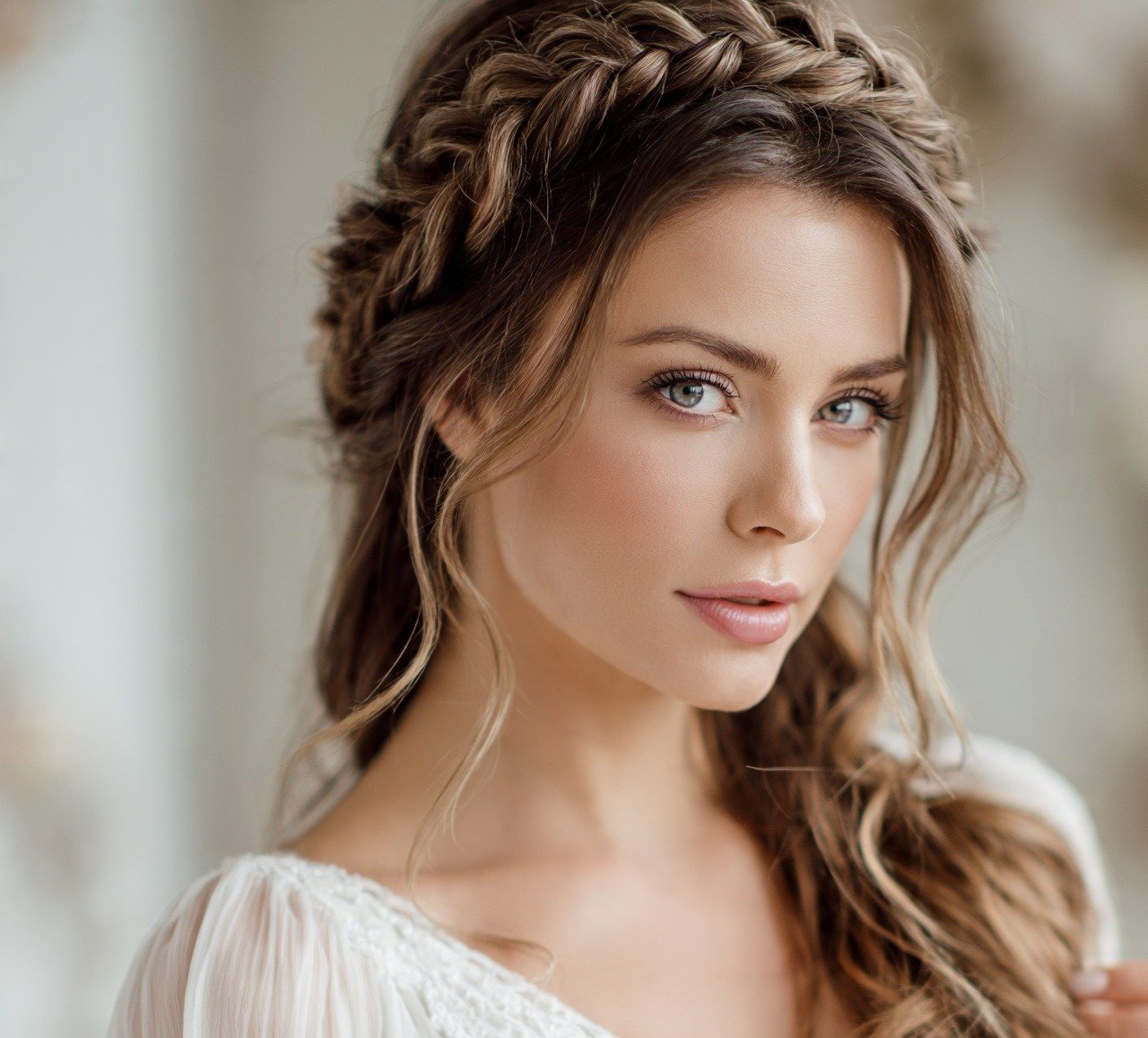 2. Romantic Braided Crown Hairstyle For Long Hair Wedding