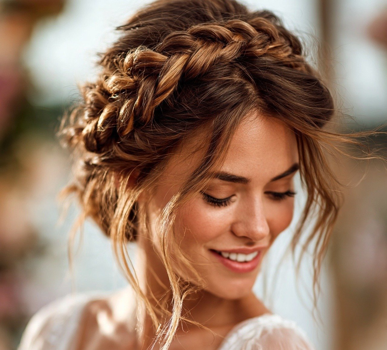 2. Romantic Braided Crown Updo Hairstyles For Wedding