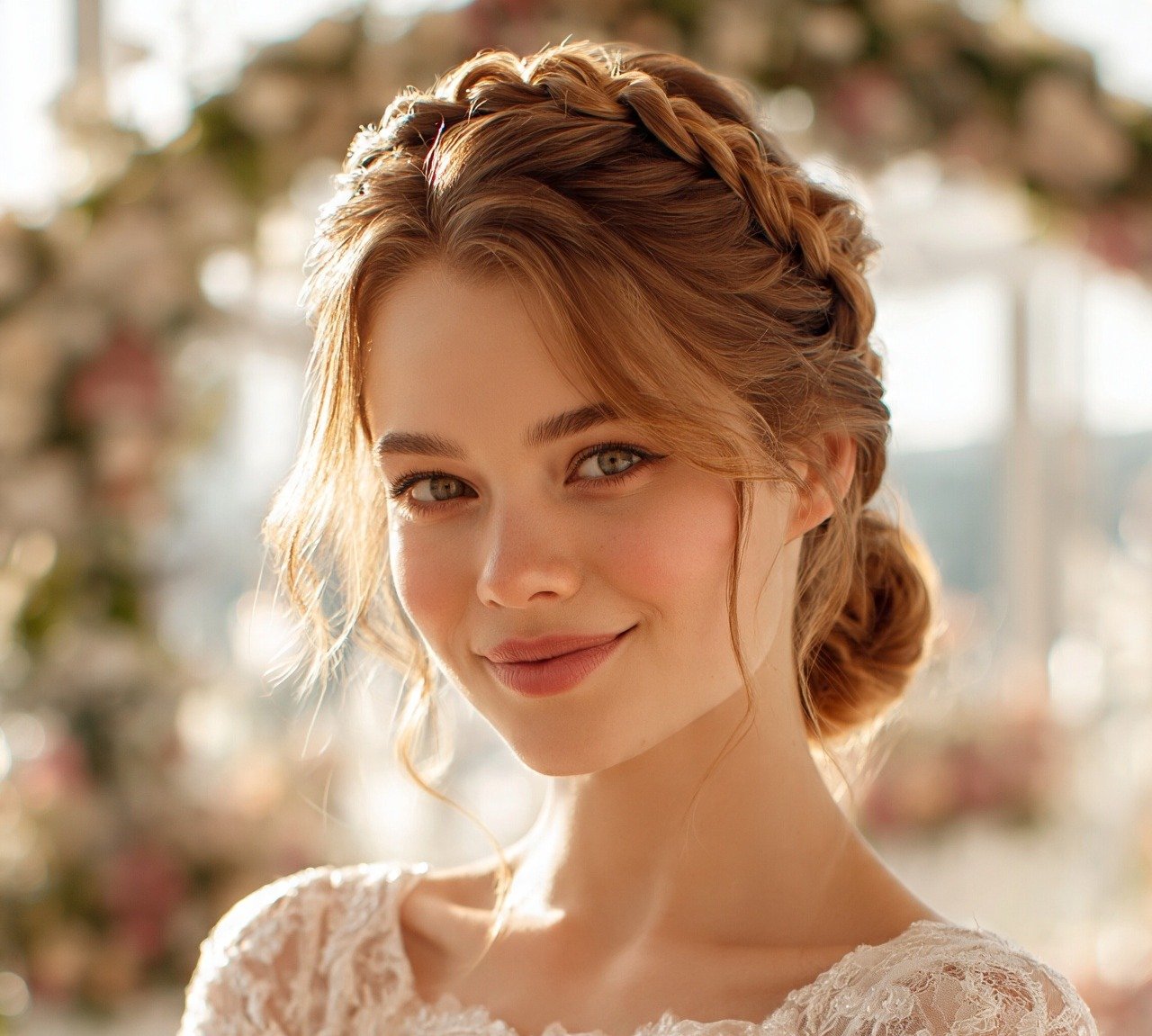 3. Braided Crown Bun Wedding Hairstyles