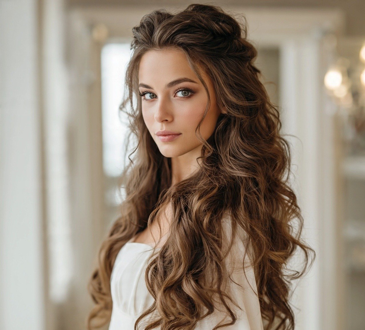 3. Half Up Half Down with Curls Hairstyle For Long Hair Wedding