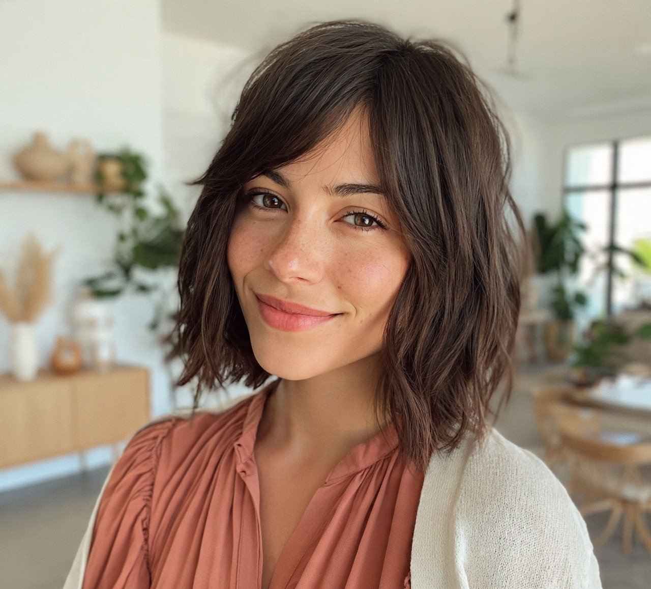 3. Textured Wavy Bob with Curtain Bangs Hairstyles