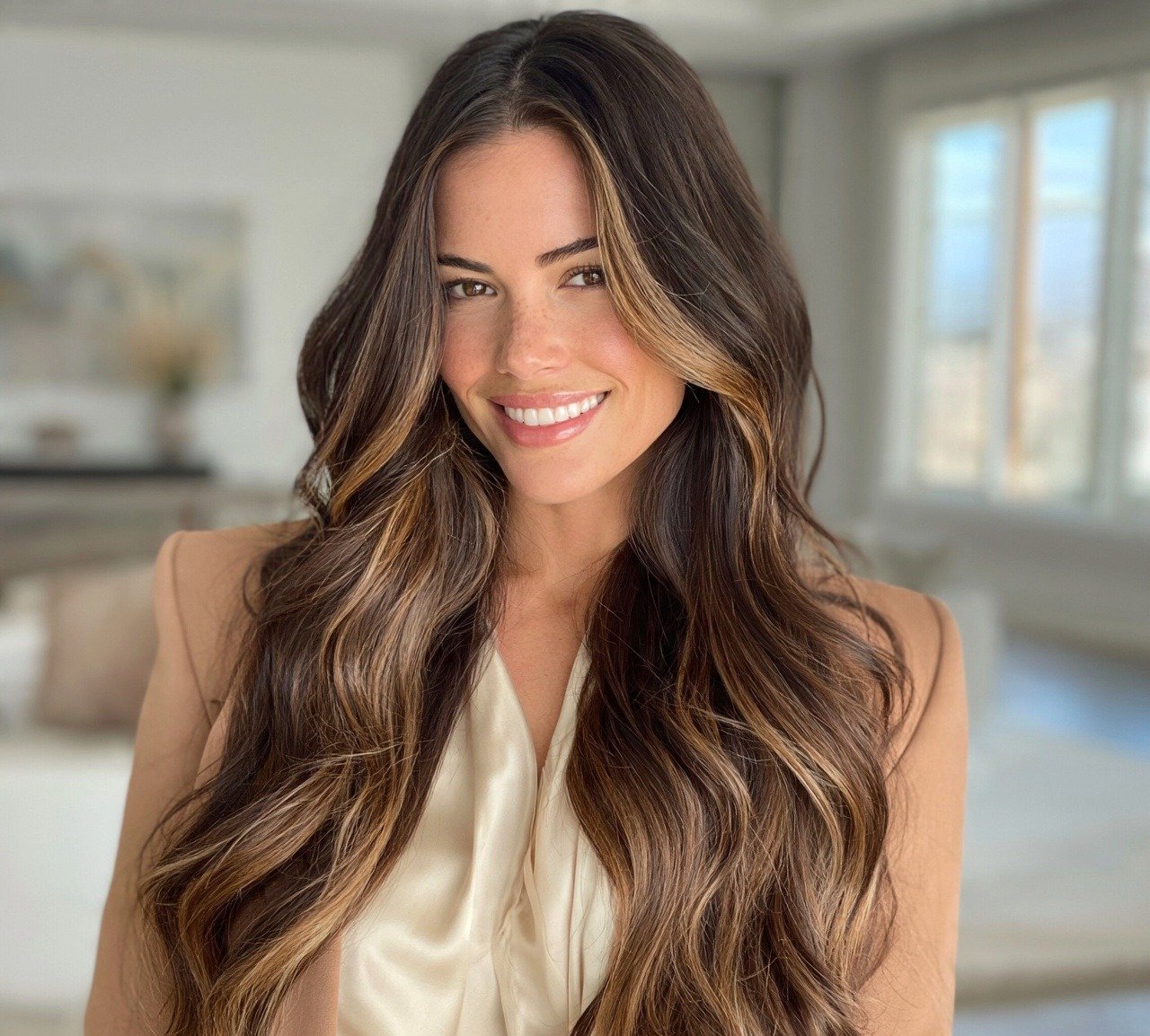 4. Dark Brown with Caramel Highlights Hair Color