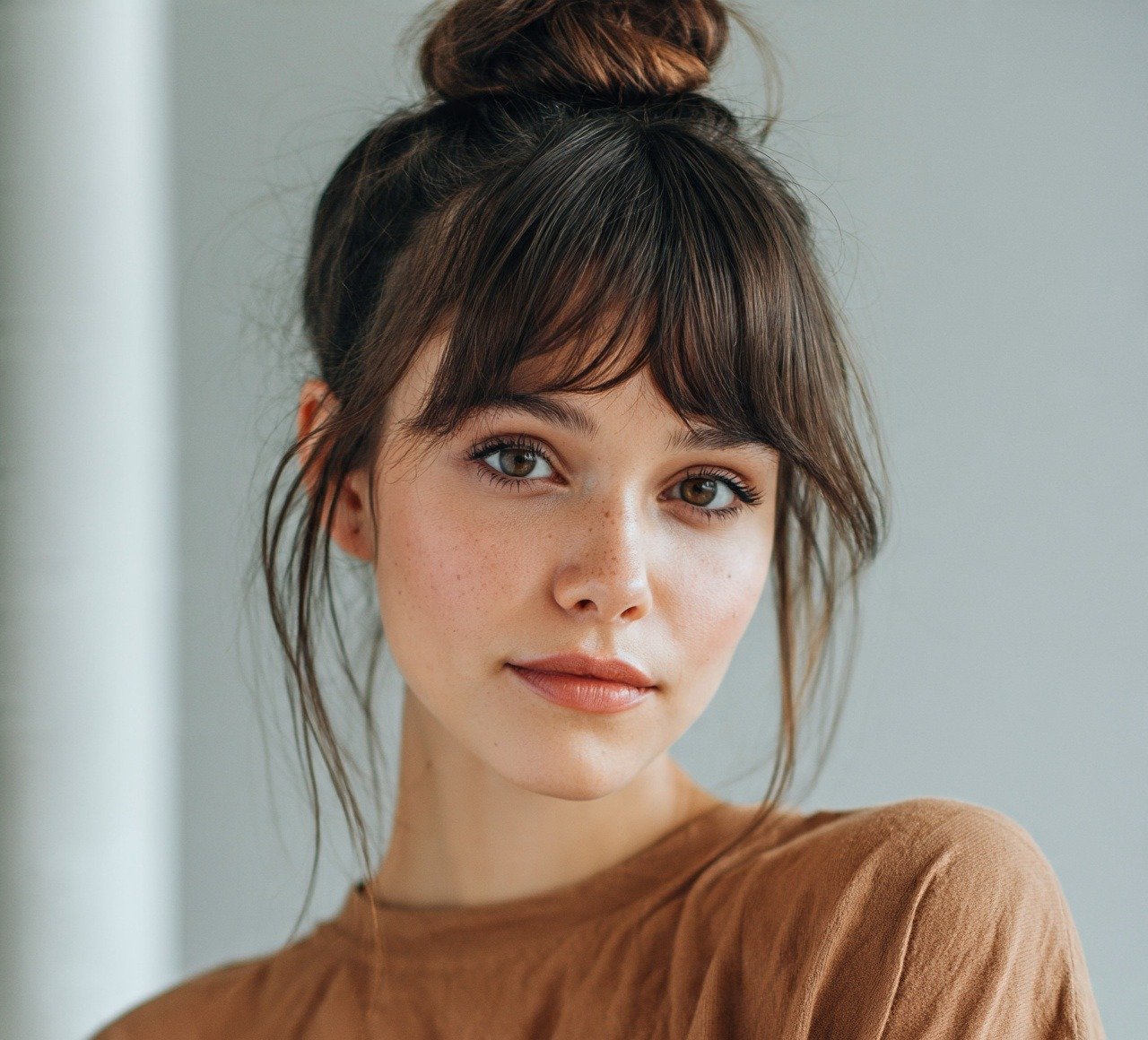 4. High Bun With Curtain Bangs Hairstyles