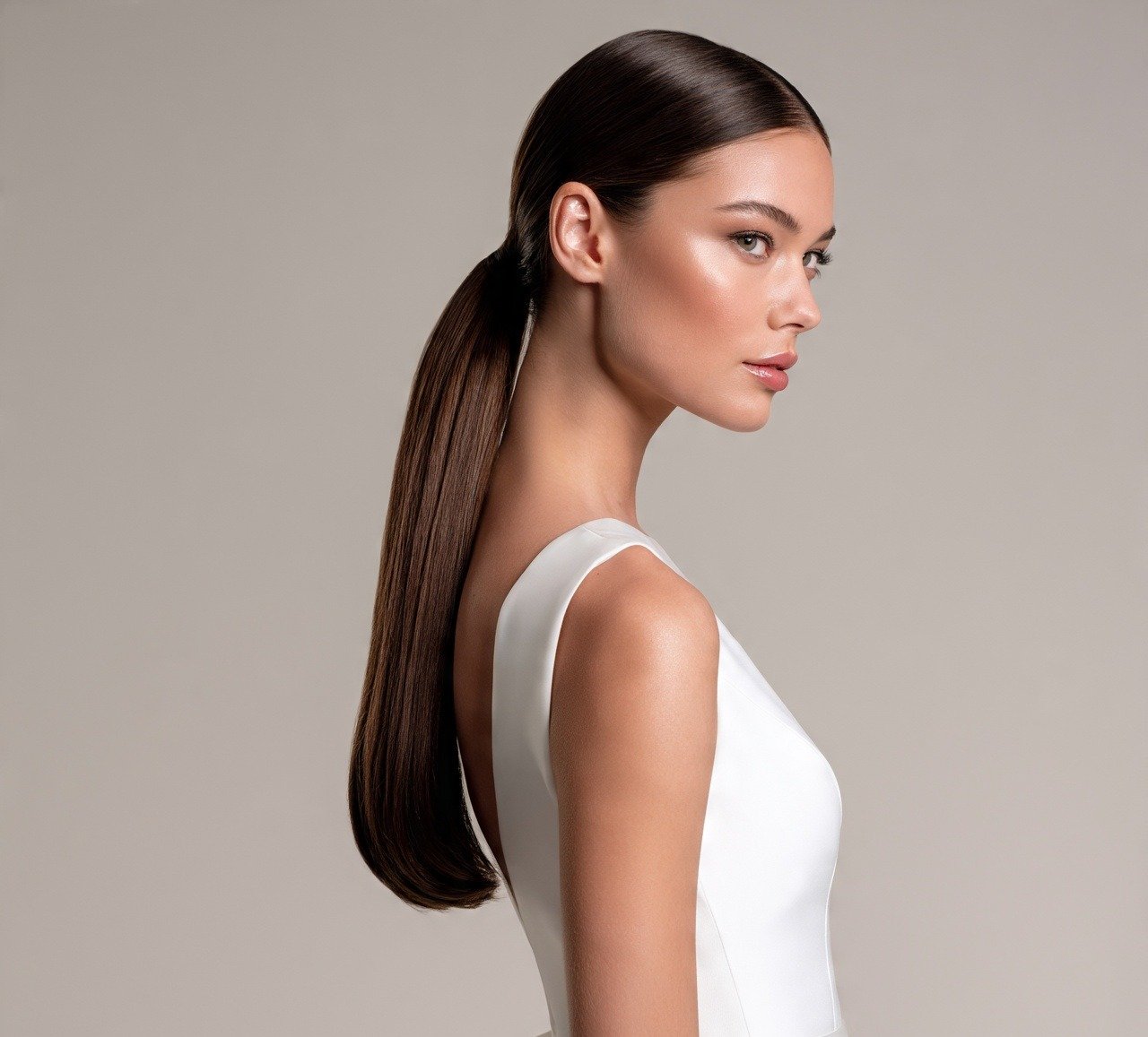 4. Low Ponytail with Sleek Finish Hairstyle For Long Hair Wedding