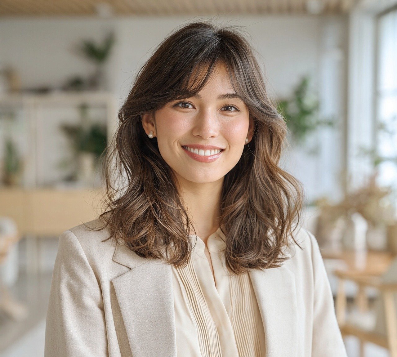 5. Curtain Bangs With Waves Medium Hairstyles