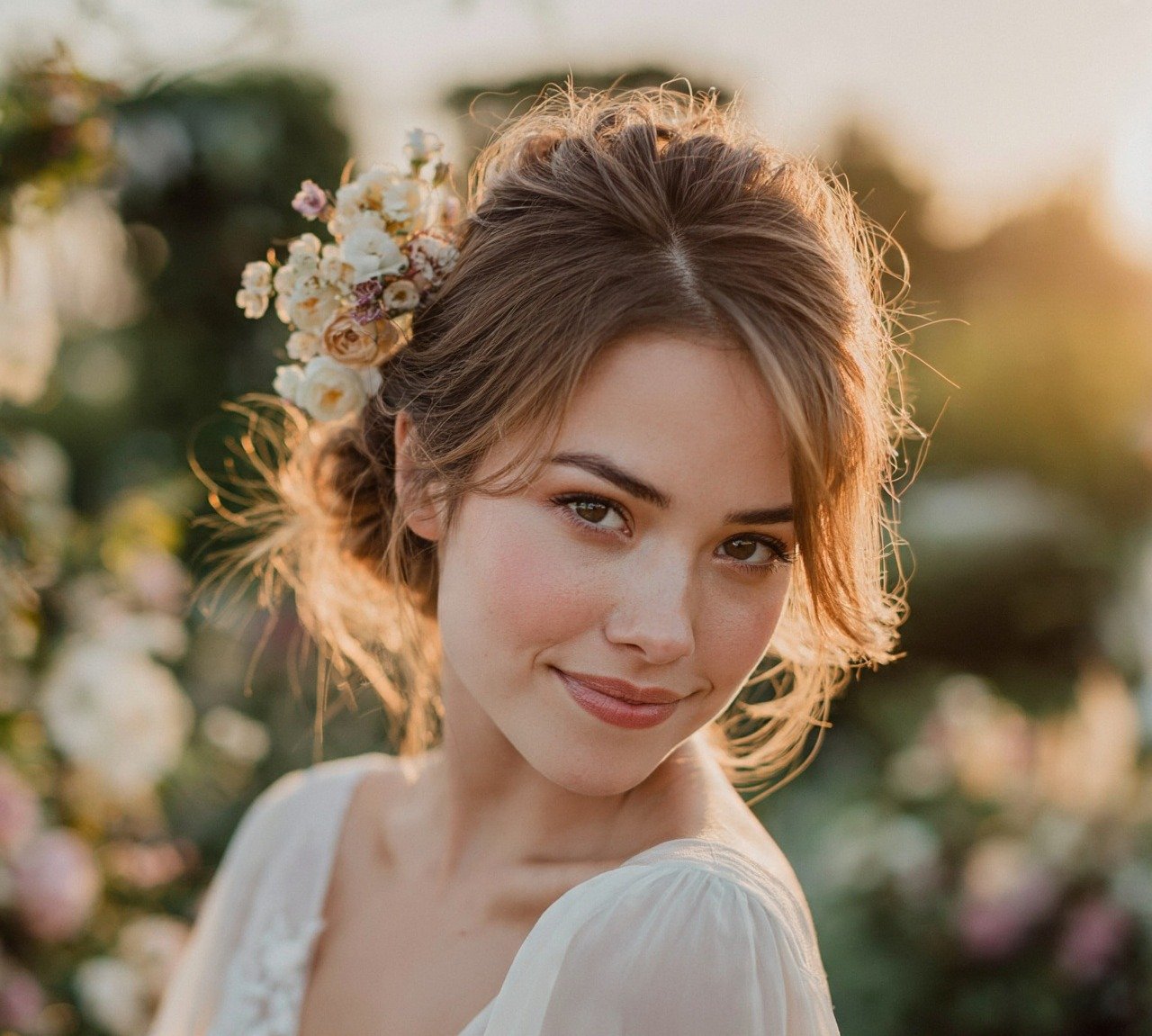 5. Floral Accented Soft Bun Wedding Hairstyles