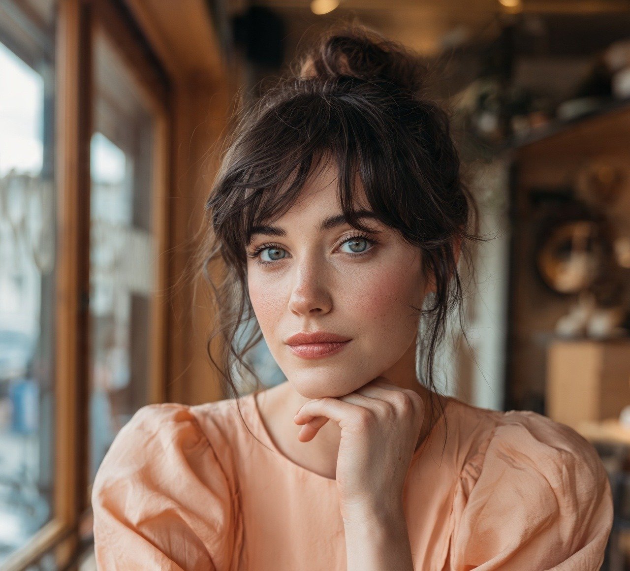 5. Messy Bun With Curtain Bangs Hairstyles