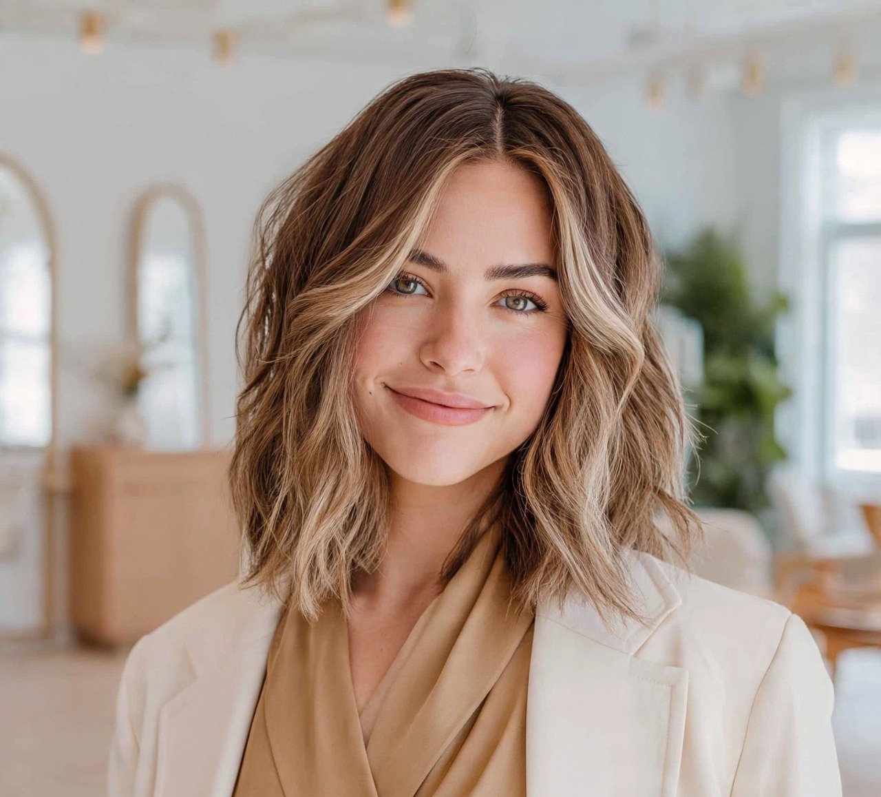 5. Wavy Lob with Money Piece Highlights Hairstyles