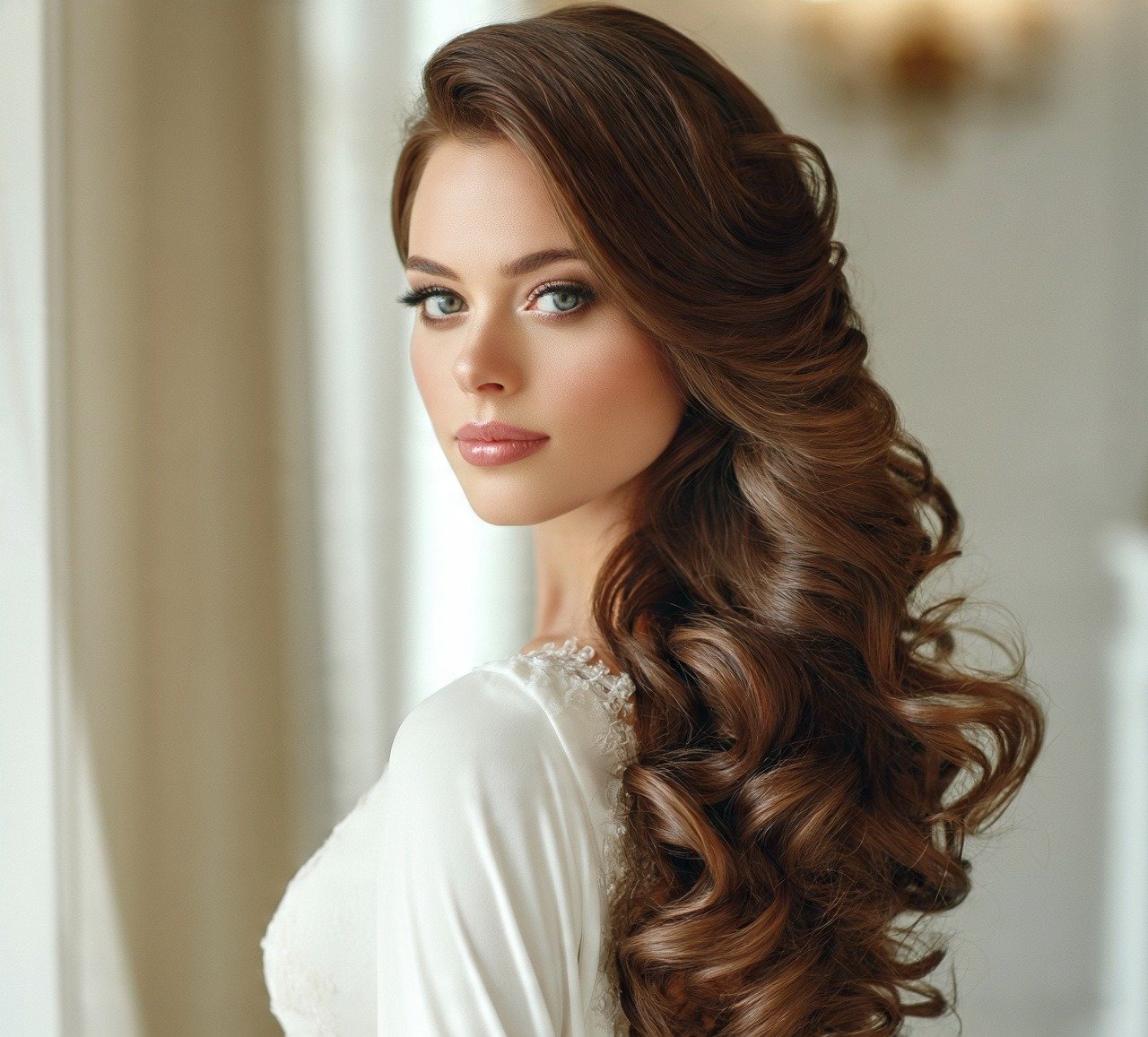 6. Elegant Side Swept Curls Hairstyle For Long Hair Wedding