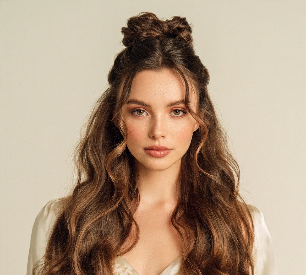 6. Half Up Bun with Cascading Waves Wedding Hairstyles