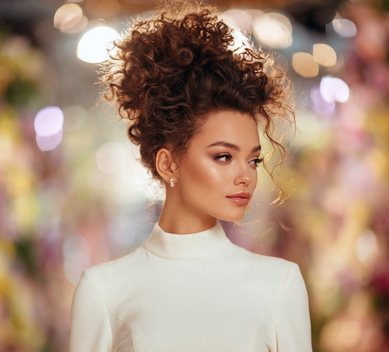 6. High Bun Curly Hair Wedding Hairstyles for a Sophisticated Bridal Look