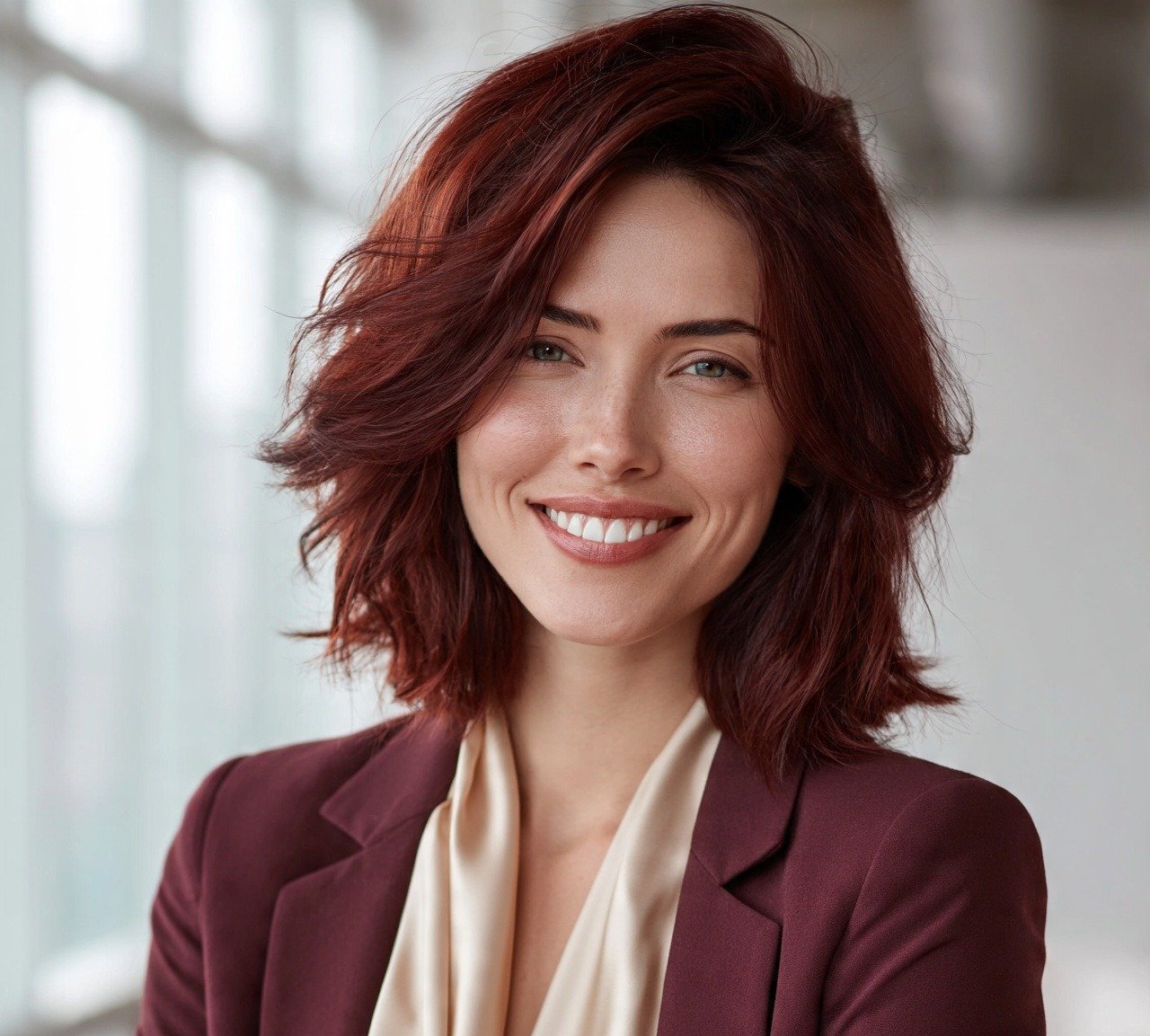 7. Burgundy Lob with Face Framing Pieces Hair Color