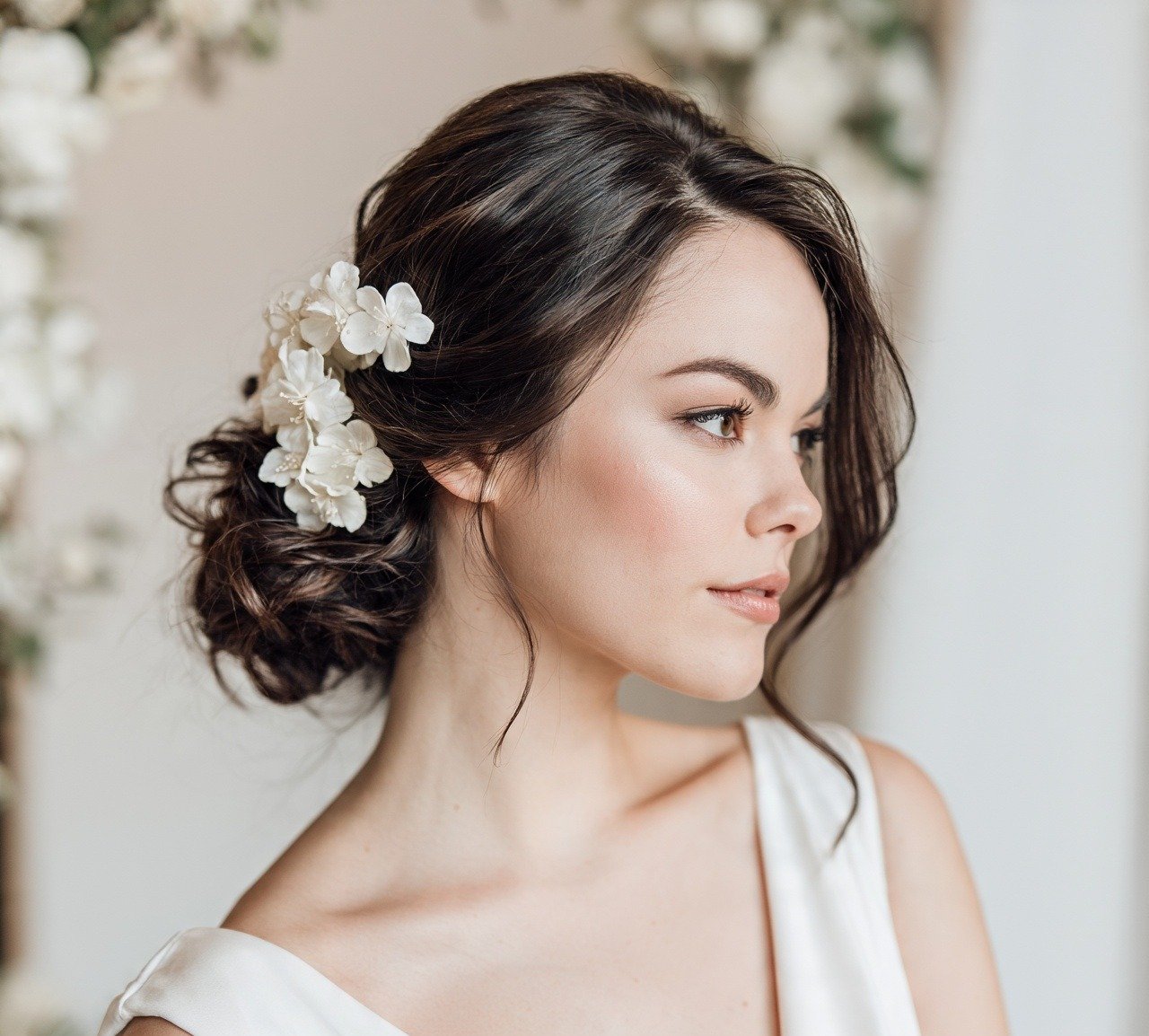 Bride Updo Hairstyles: 14 Stunning Trendy Looks for Your Big Day 8 7. Floral Accent Updo Bride Hairstyles