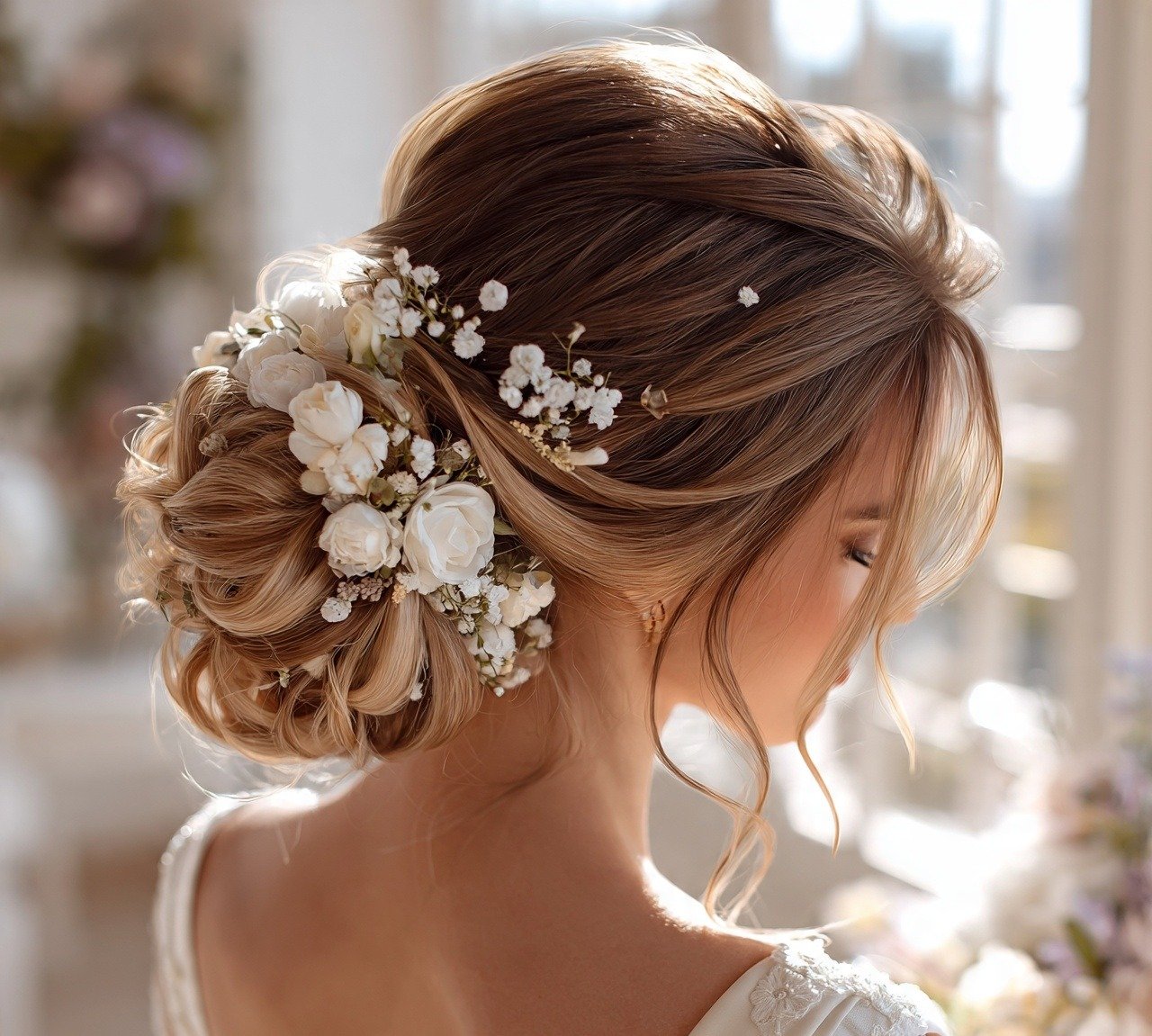 7. Floral Embellished Bun Wedding Hairstyles