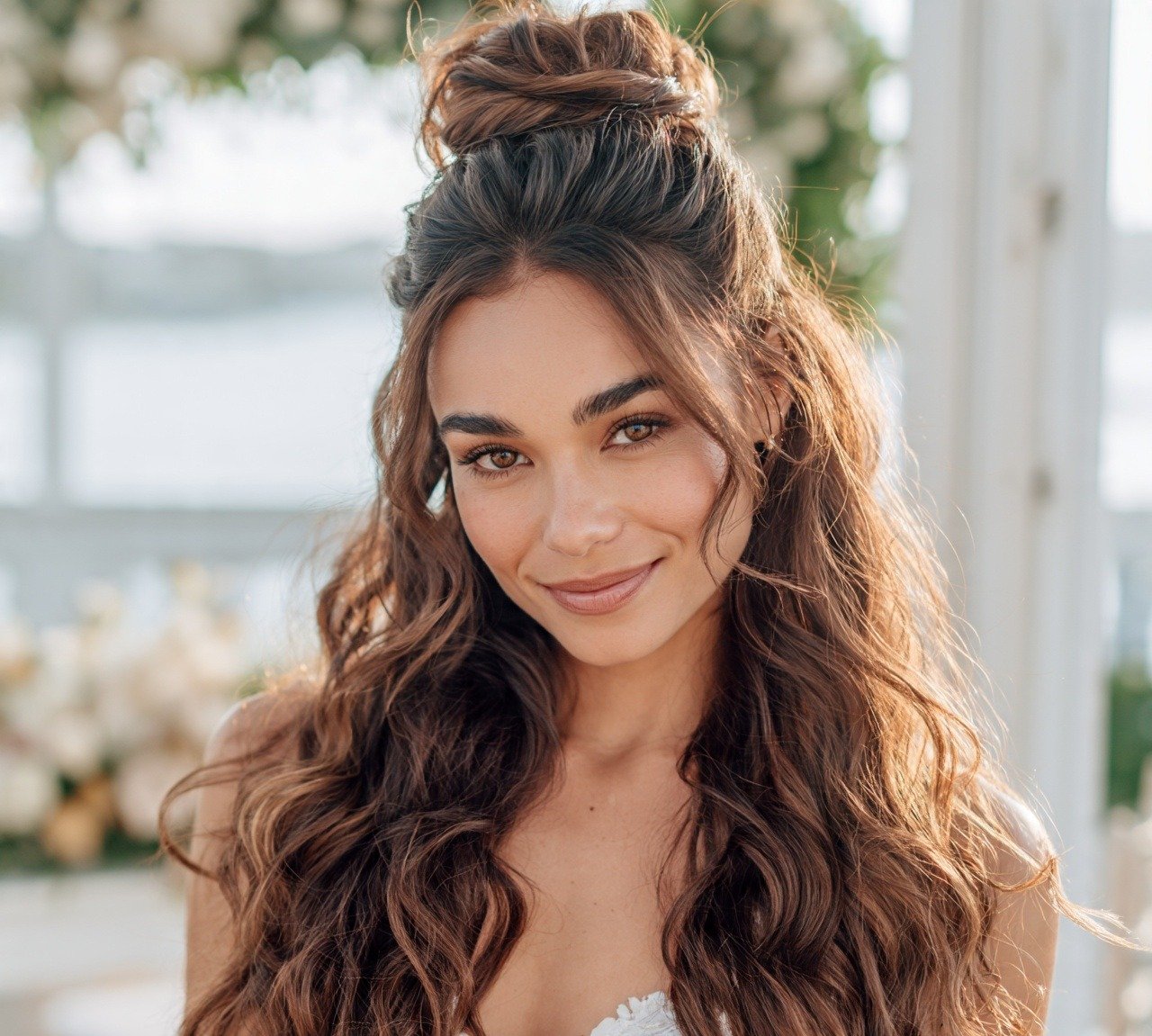Bun Hairstyles For Wedding: 13 Trendy Ideas to Inspire Your Big Day 8 7. Half Up Bun with Cascading Waves Hairstyles For Wedding