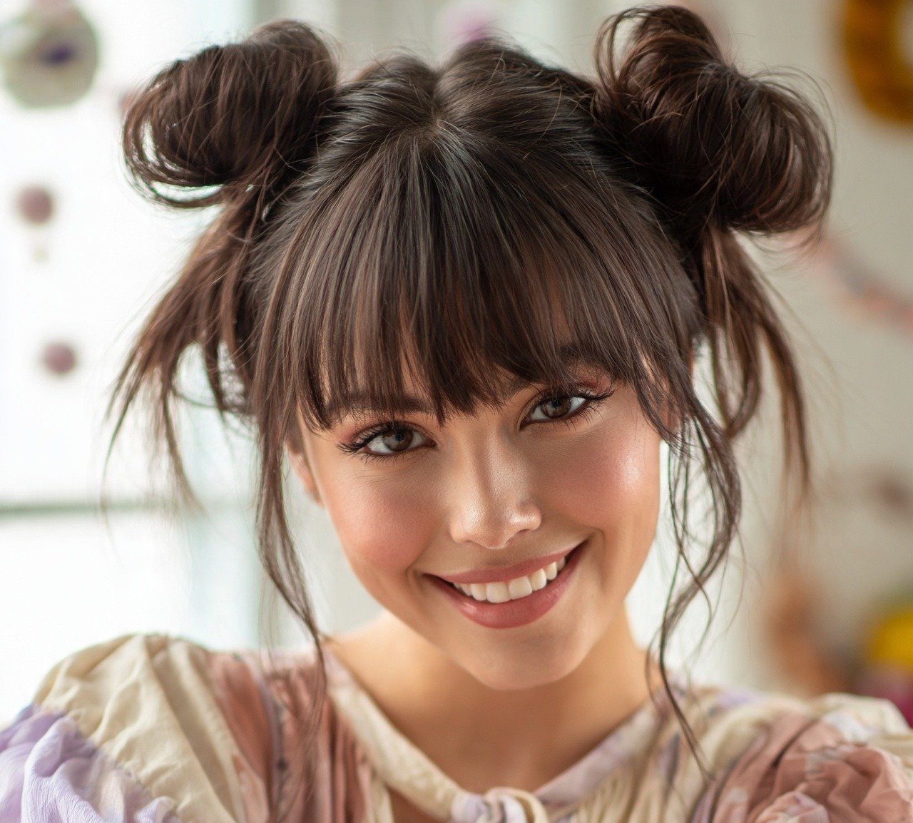 Space Bun Hairstyles: 14 Trendy Ideas to Try Right Now 8 7. Space Buns With Bangs Hairstyles