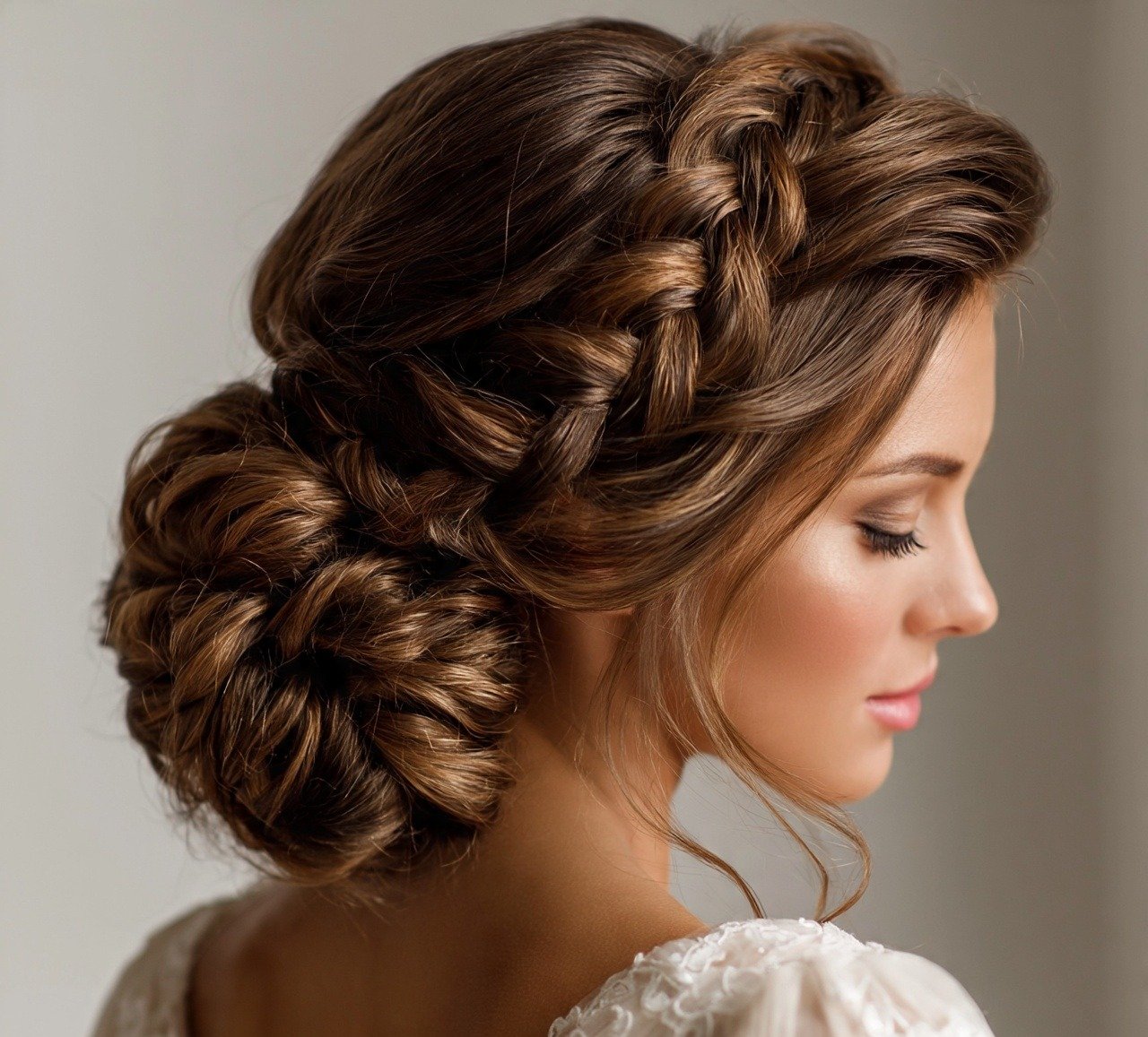 8. Braided Low Bun Hairstyle For Long Hair Wedding