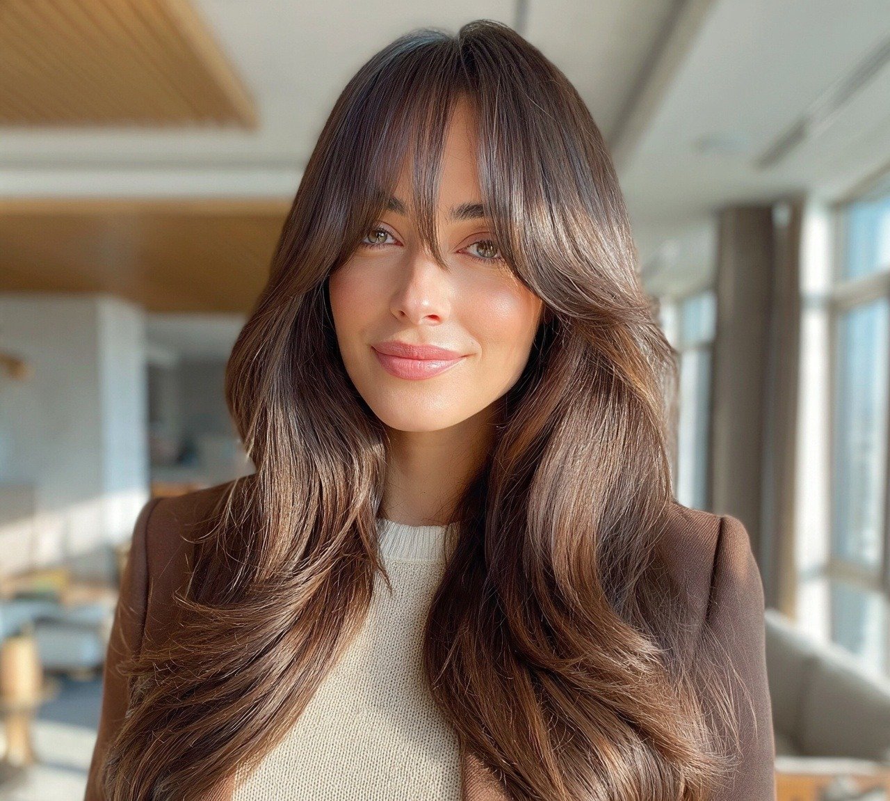 8. Chocolate Brown Curtain Bangs Hair Color