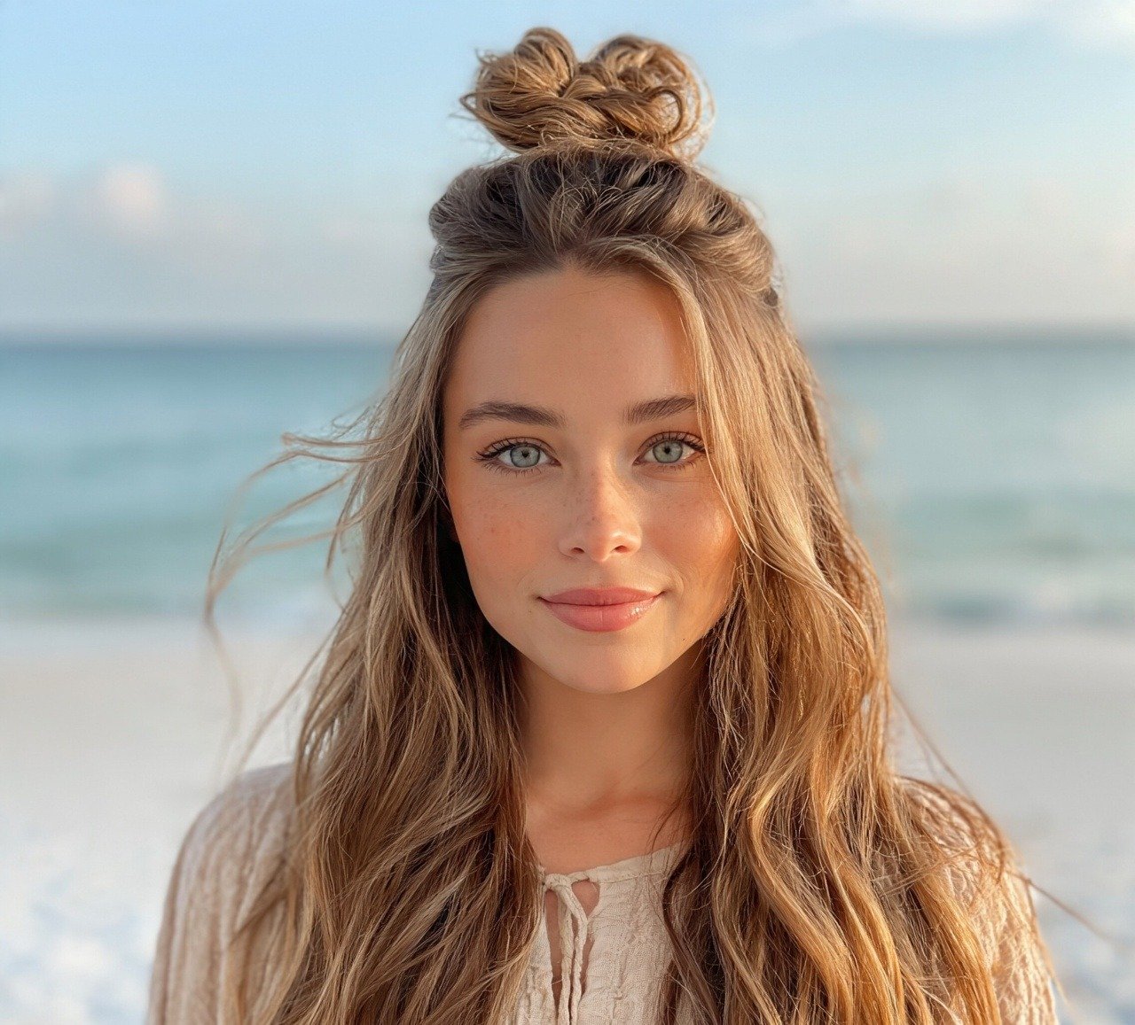 8. Half Up Top Knot Beach Hairstyle for Long Hair