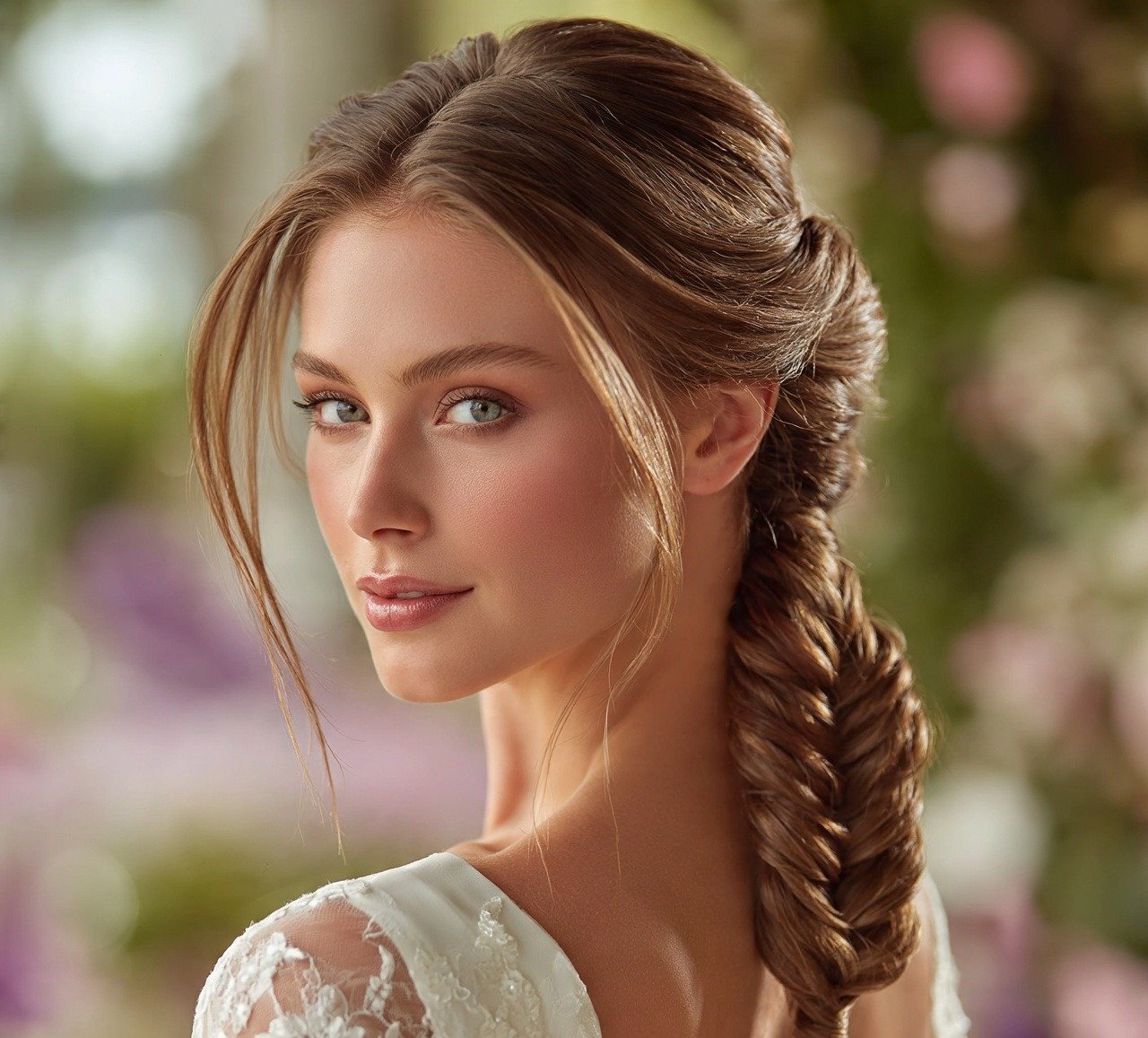 9. Braided Low Ponytail Updo Wedding Hairstyles