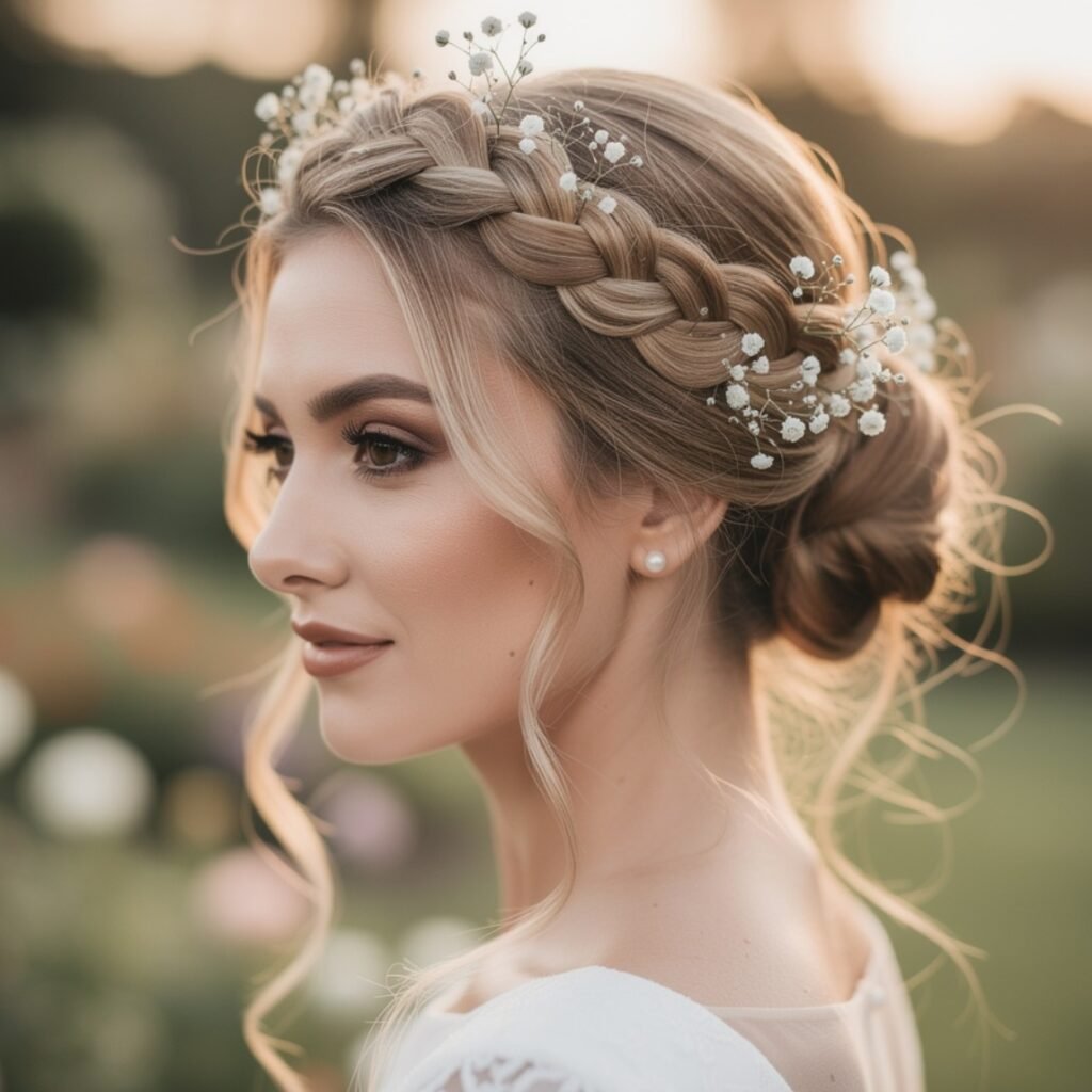 15 Trending Simple Hairstyles for Wedding for Brides, Bridesmaids, and Guests 9 Braided Crown 4
